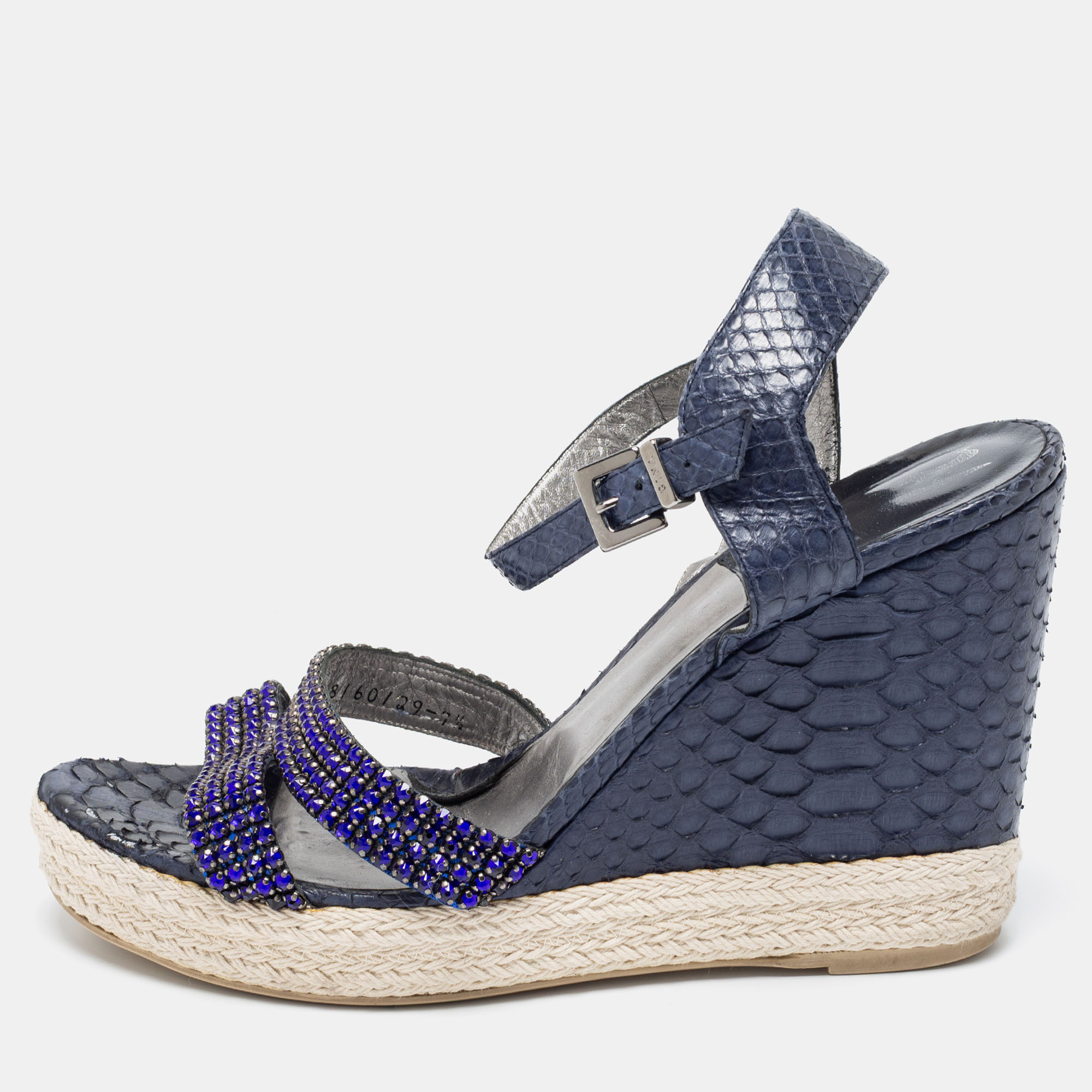 Gina navy blue python leather crystal embellished wedge platform ankle-strap sandals size 40.5