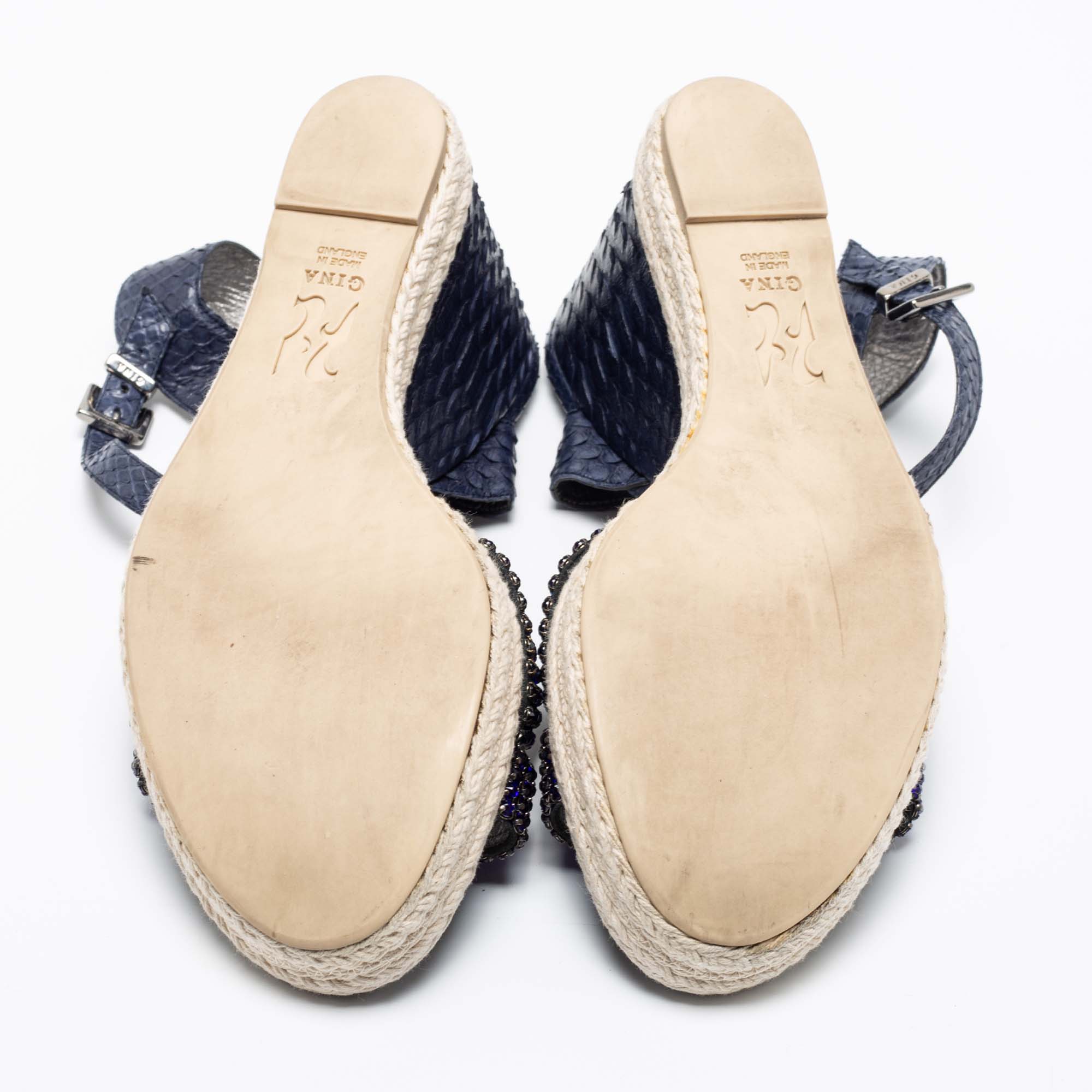 Gina Navy Blue Python Leather Crystal Embellished Wedge Platform Ankle-Strap Sandals Size 40.5