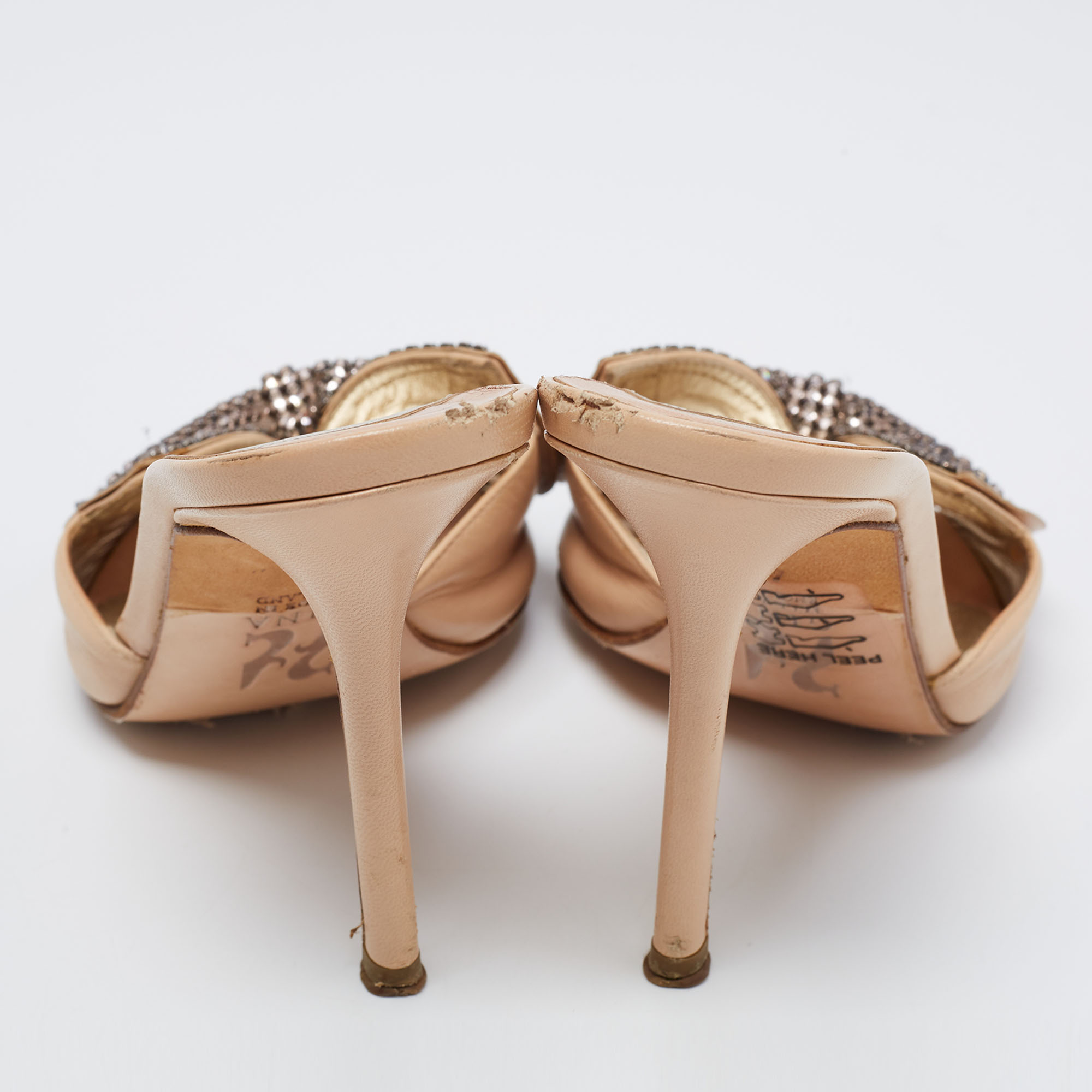 Gina Beige Leather Crystal Embellished Bow Open Toe Sandals Size 37