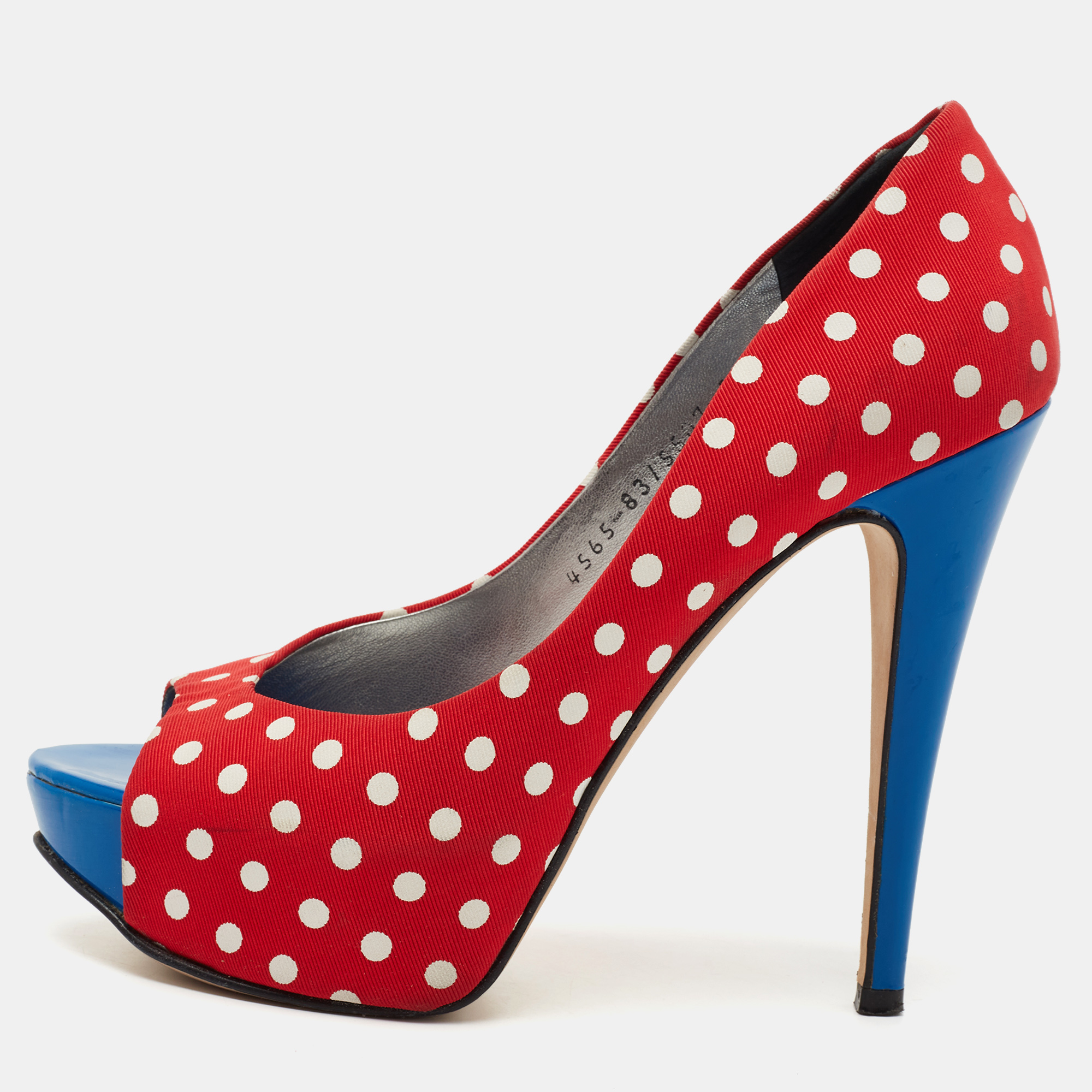 Gina red/blue polka dot print canvas peep toe platform pumps size 38