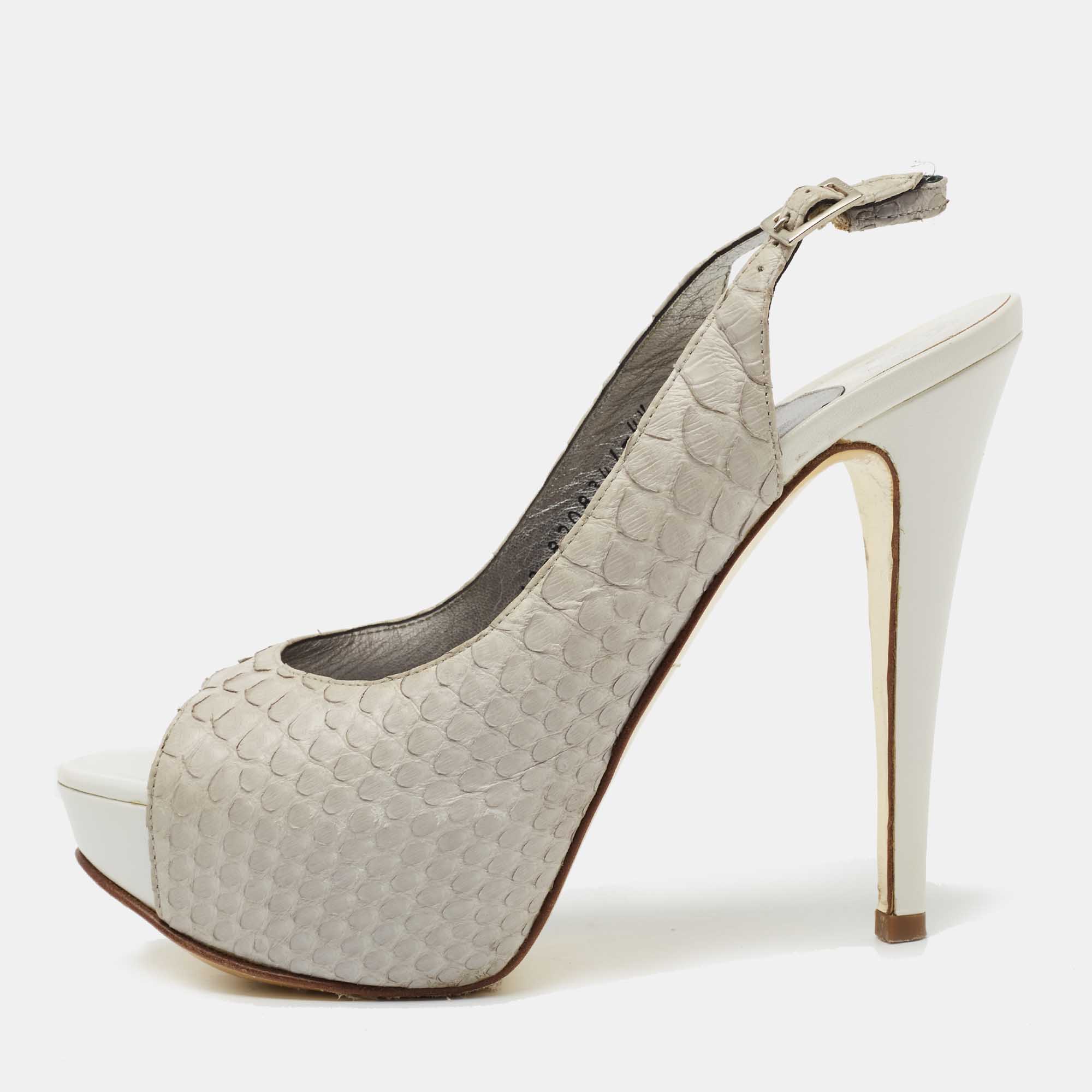 Gina grey python leather peep-toe platform slingback sandals size 37.5