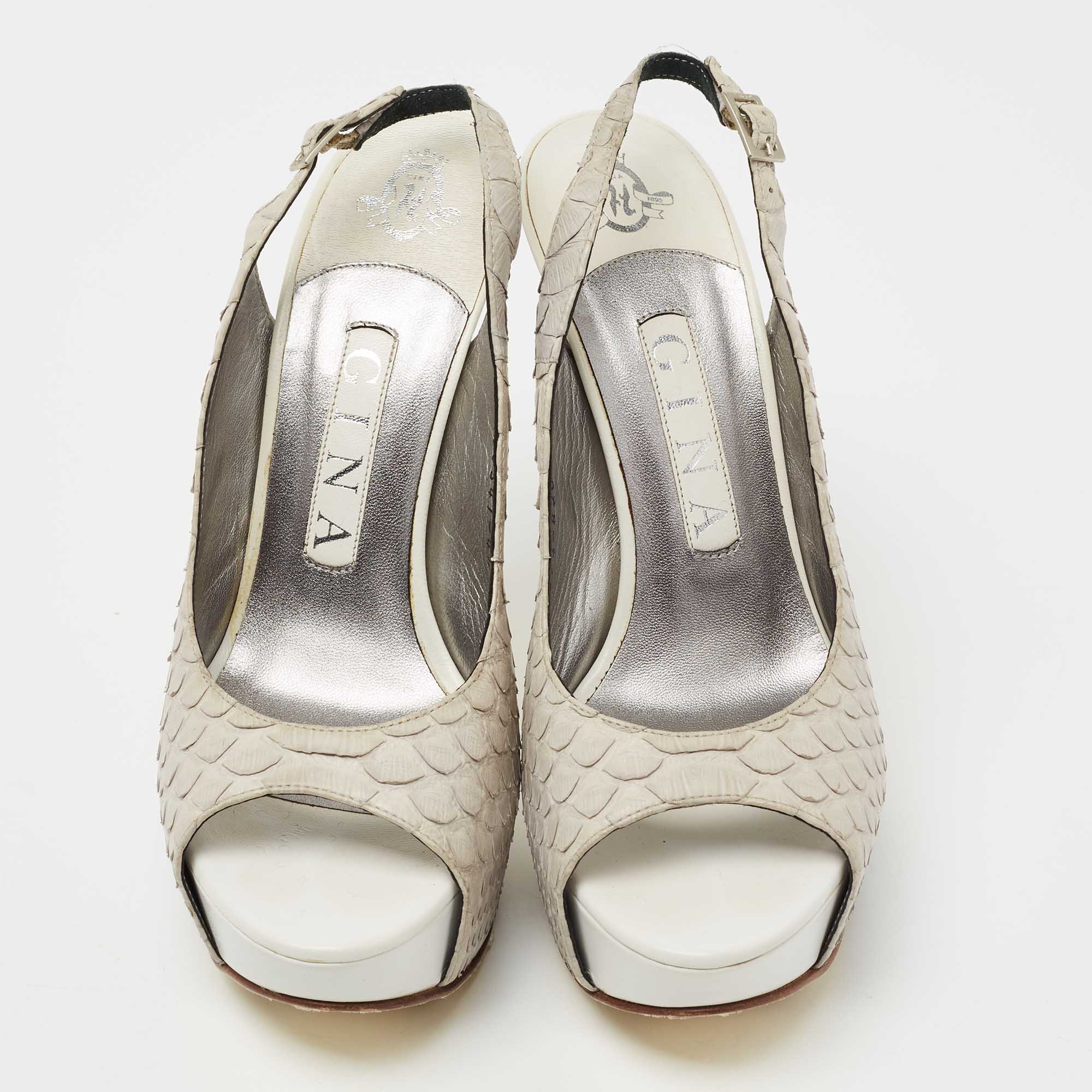 Gina Grey Python Leather Peep-Toe Platform Slingback Sandals Size 37.5