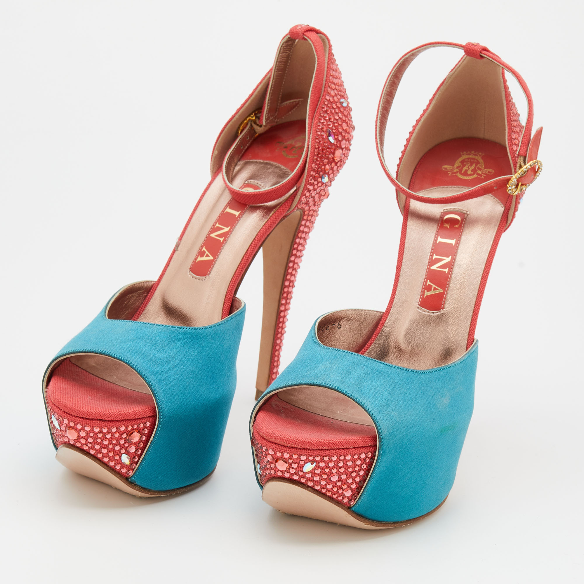 Gina Turquoise/Red Satin And Canvas Crystal Embellished Platform Ankle Strap Sandals Size 39