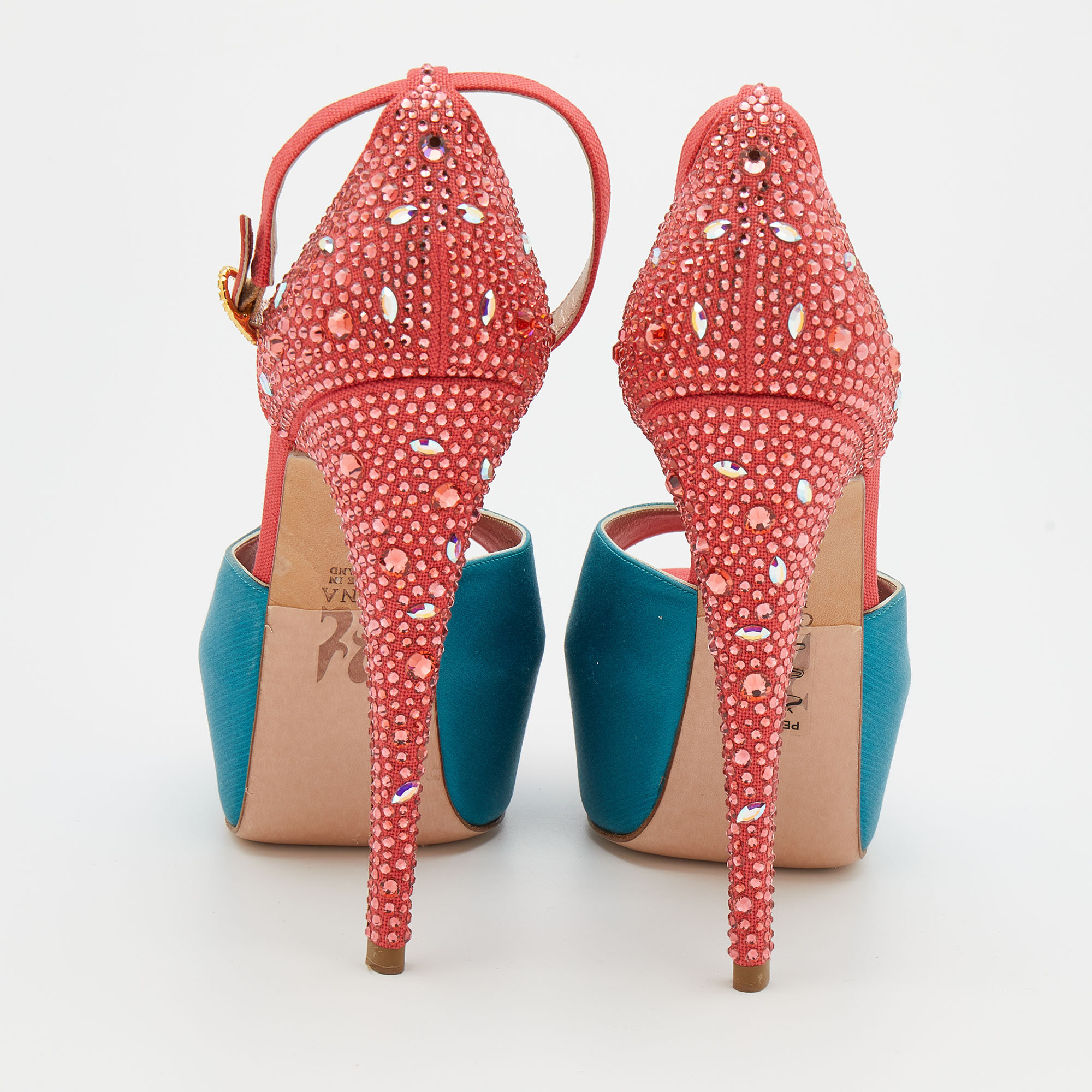 Gina Turquoise/Red Satin And Canvas Crystal Embellished Platform Ankle Strap Sandals Size 39