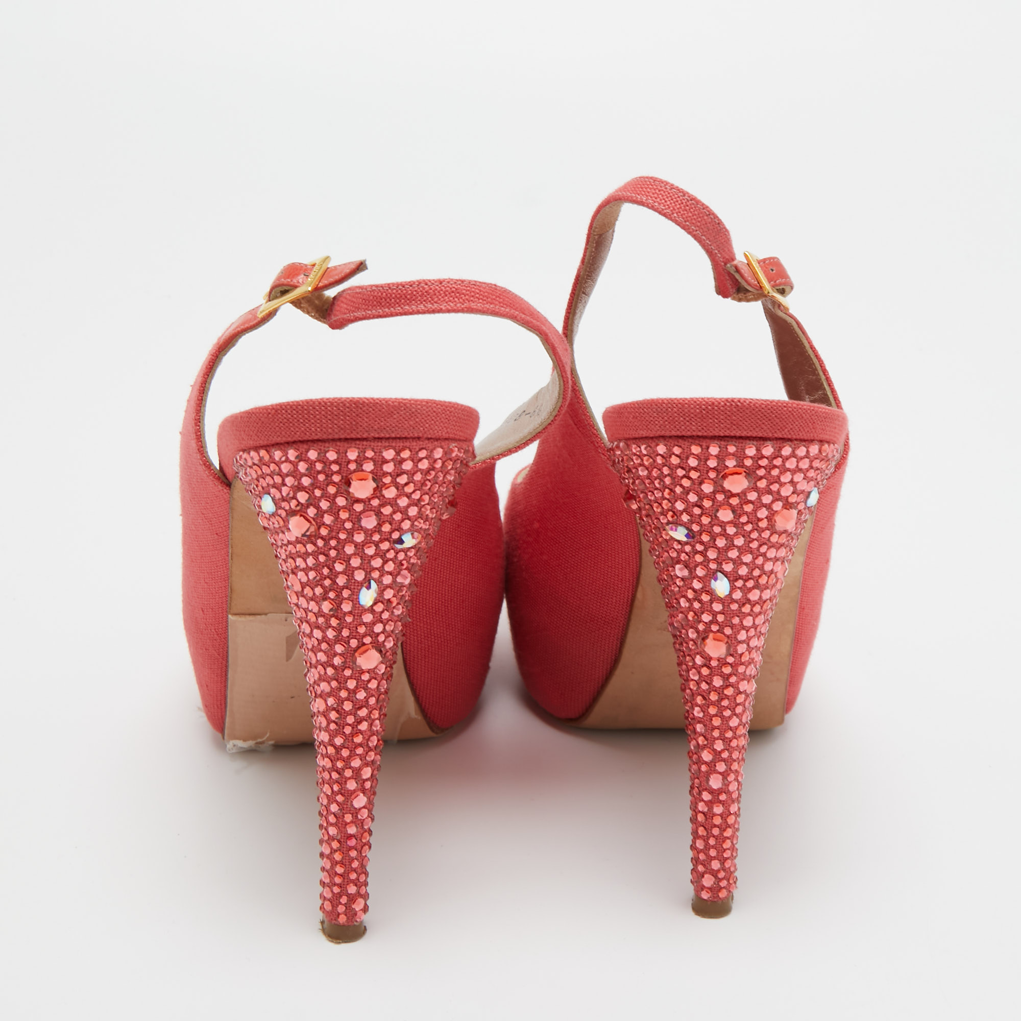 Gina Coral Pink Canvas Crystal Embellished Open Toe Slingback Pumps Size 39.5