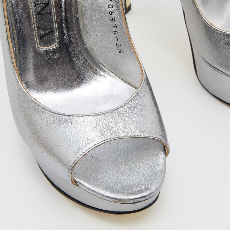 Gina Metallic Grey Leather Open Toe Platform Slingback Pumps Size 36.5