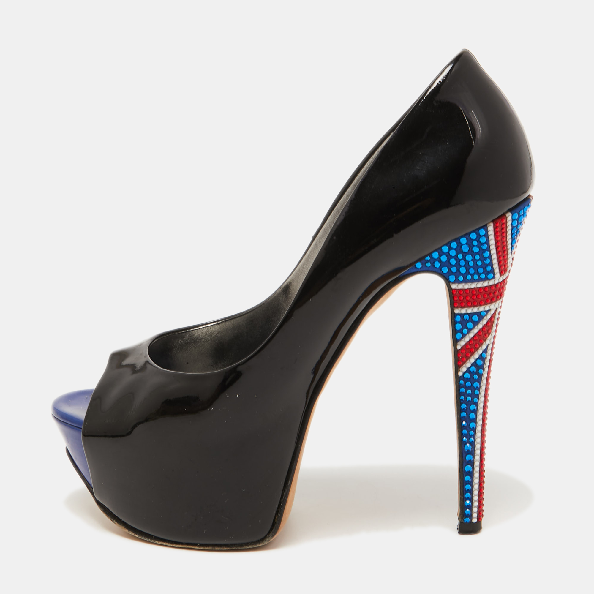 Gina Black Patent Leather Crystal Embellished Heel Peep Toe Platform Pumps Size 38.5