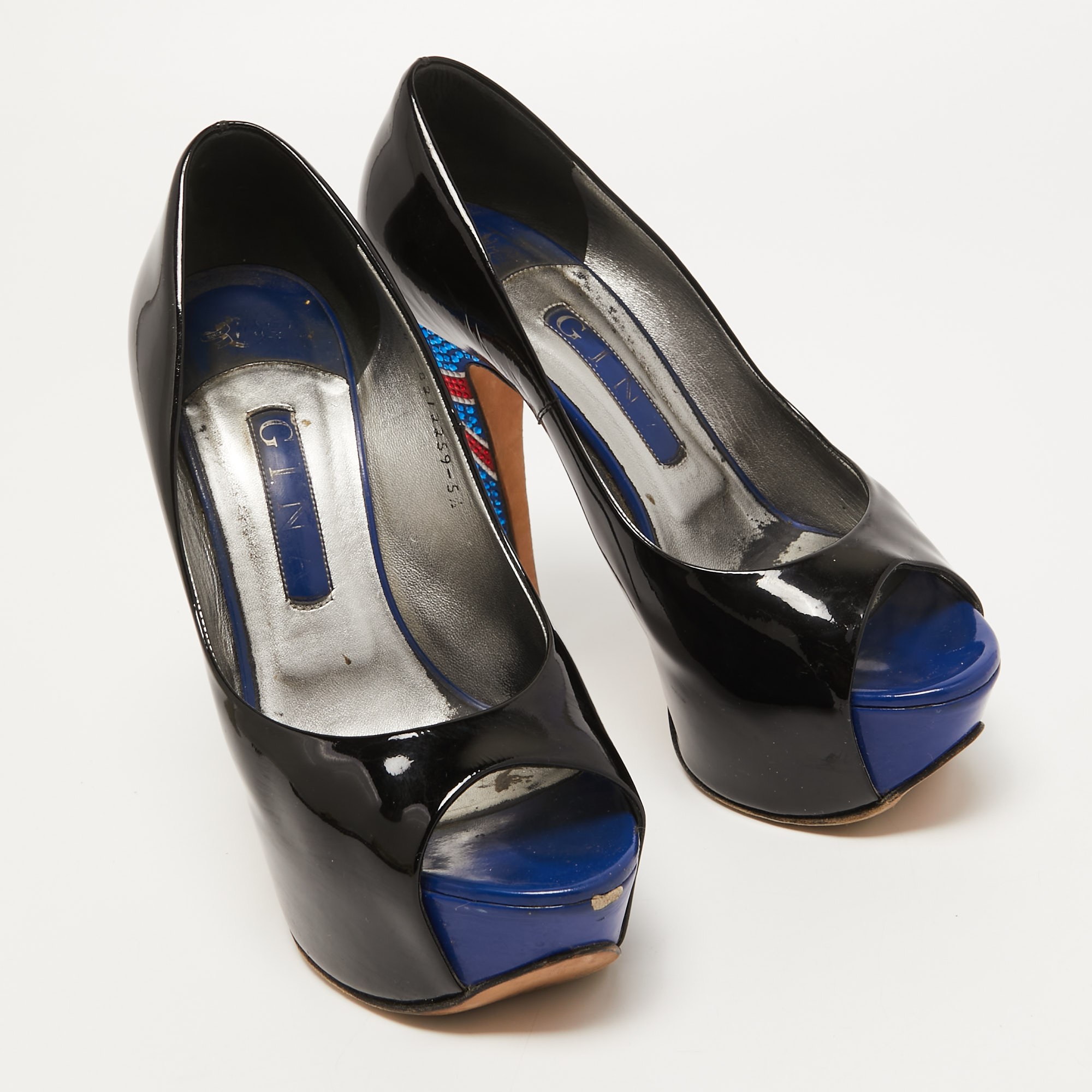Gina Black Patent Leather Crystal Embellished Heel Peep Toe Platform Pumps Size 38.5