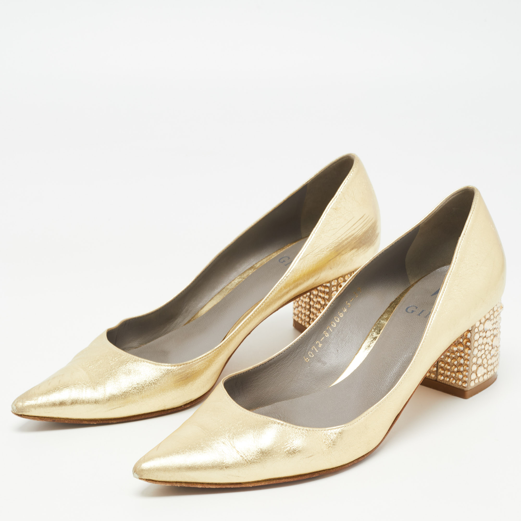 Gina Gold Leather Crystal Embellished Heel Pointed Toe Pumps Size
Gina Gold Leather Crystal Embellished Heel Pointed Toe Pumps Size