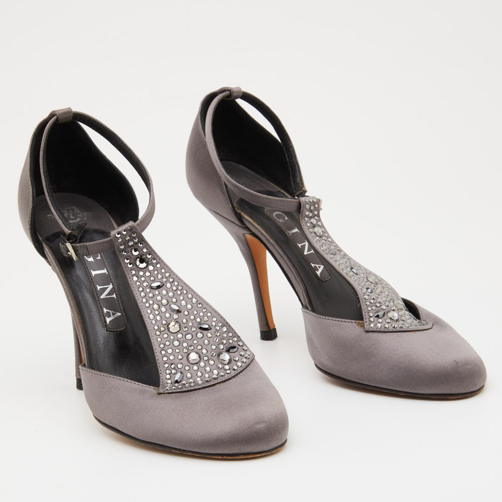 Gina Grey Satin Crystal Embellished T-Bar Ankle Strap Pumps Size 37