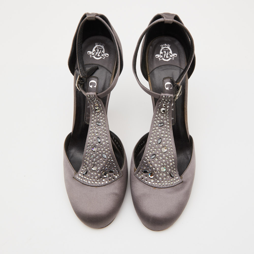Gina Grey Satin Crystal Embellished T-Bar Ankle Strap Pumps Size 37