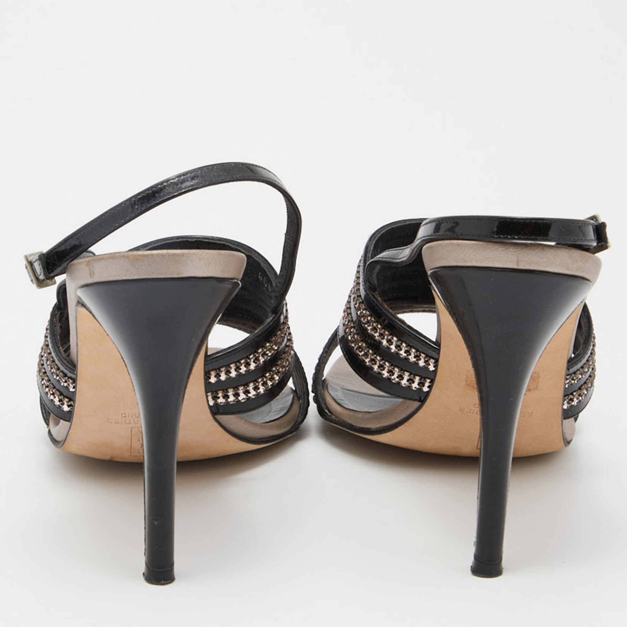 Gina Black Patent Leather Crystal Embellished Slingback Sandals Size 41