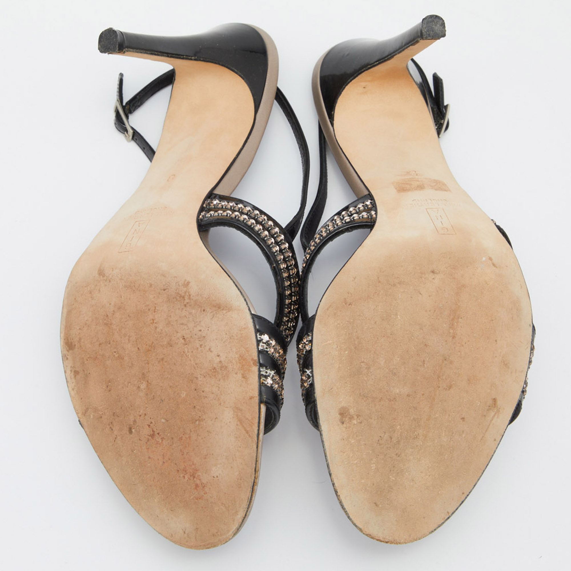 Gina Black Patent Leather Crystal Embellished Slingback Sandals Size 41