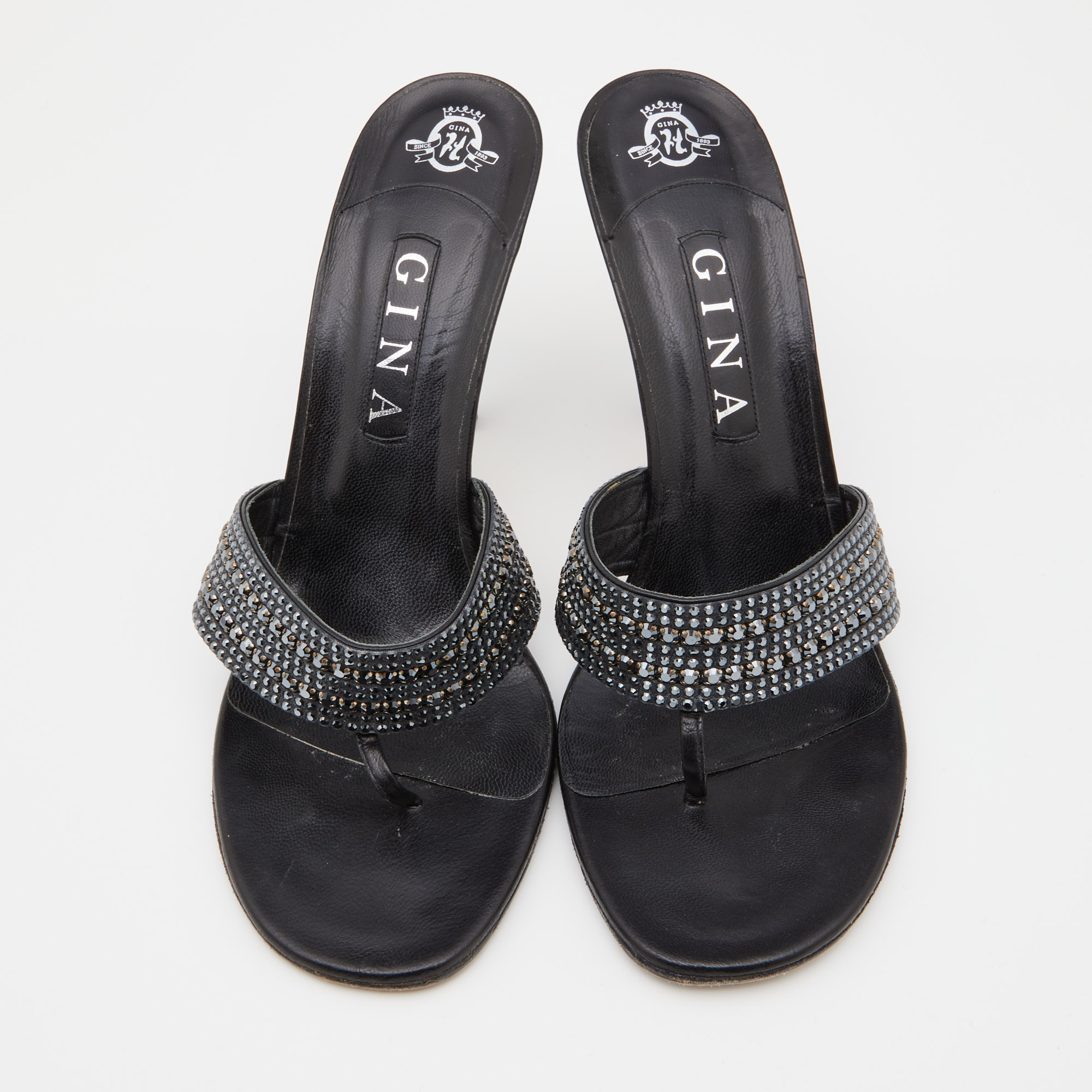 Gina Black Leather Crystal Embellished Sandals Size 41