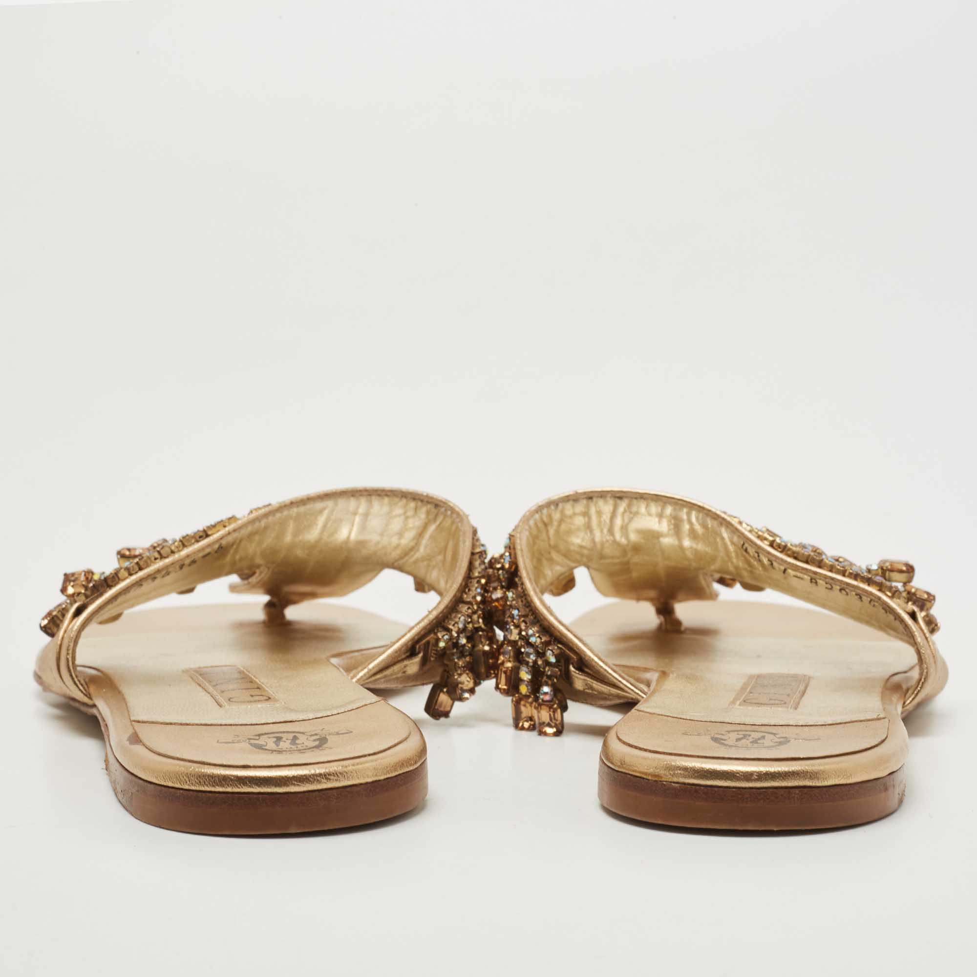 Gina Metallic Gold Leather Crystal Embellished Thong Sandals Size 39