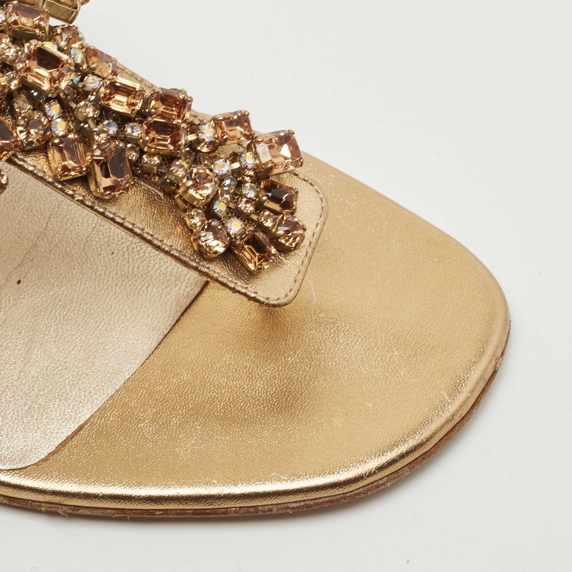 Gina Metallic Gold Leather Crystal Embellished Thong Sandals Size 39