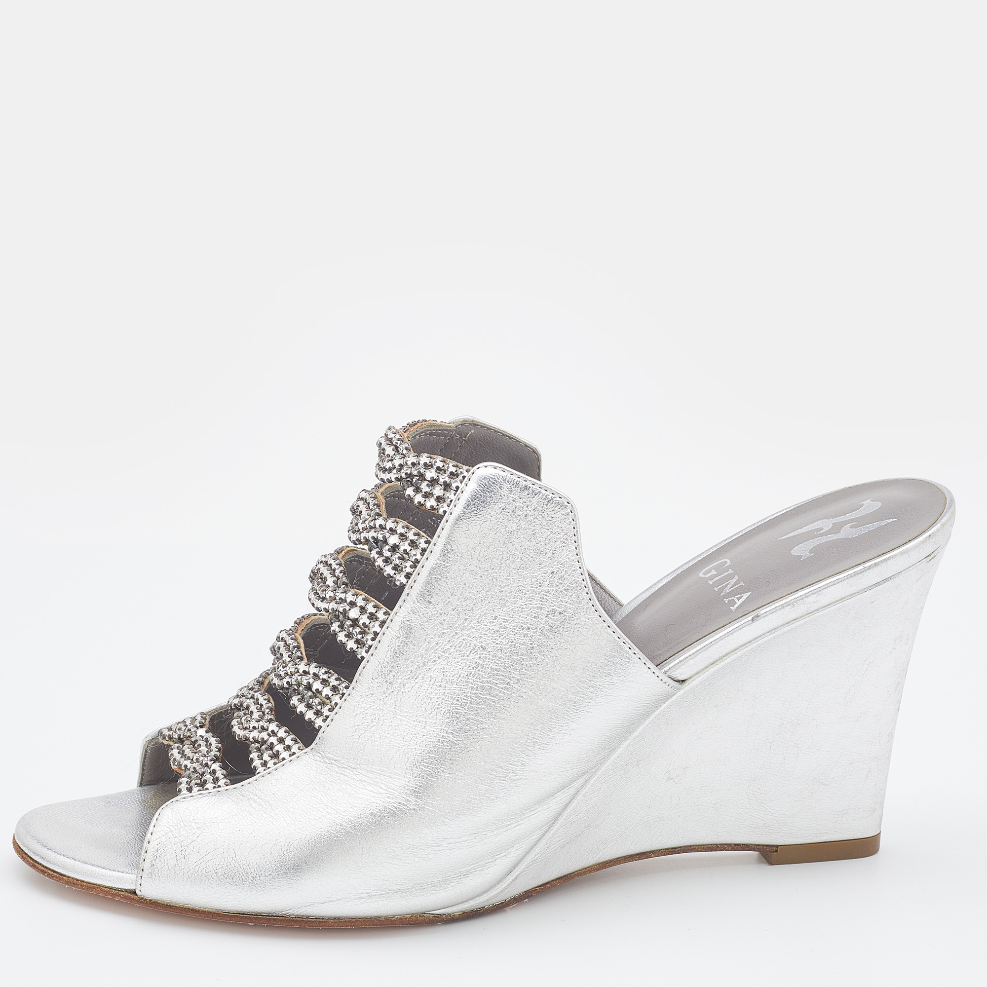 Gina Silver Leather Crystal Embellished Wedge Sandals Size 39