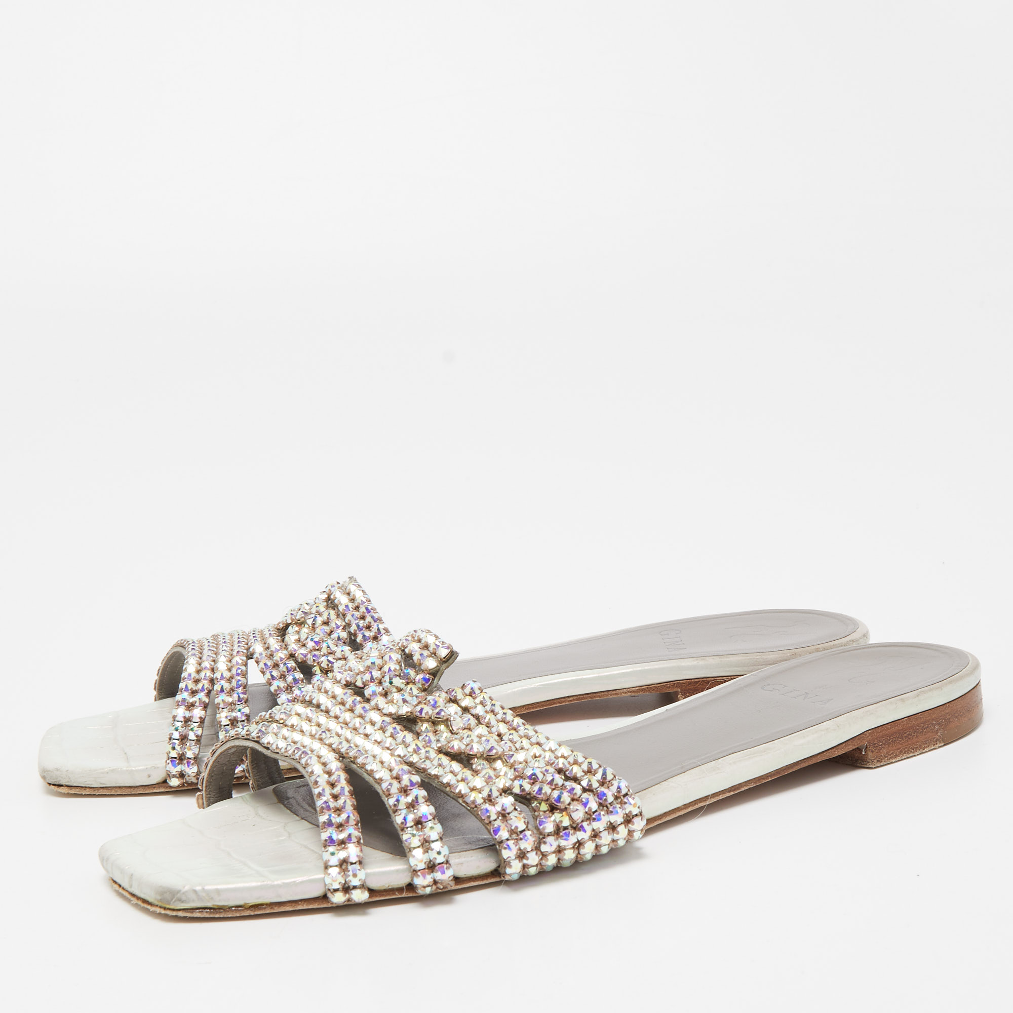 Gina Silver Croc Embossed Crystal Embellished Leather Flat Slides Size, Grey
Gina Silver Croc Embossed Crystal Embellished Leather Flat Slides Size, Grey