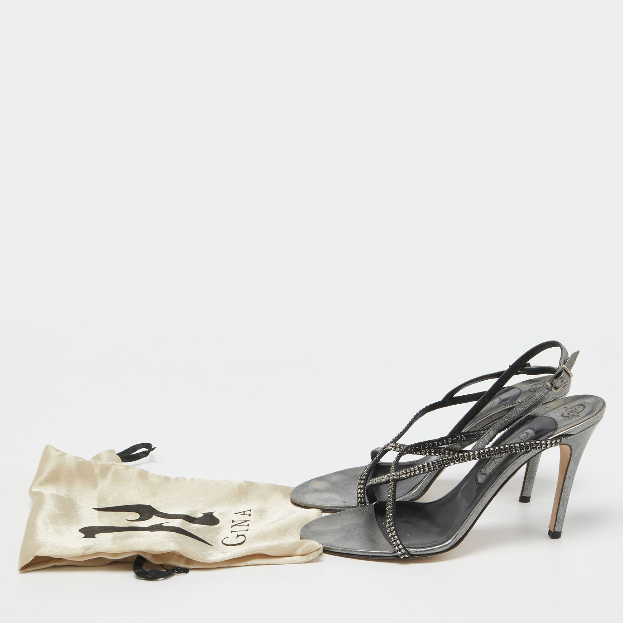 Gina Metallic Grey Leather Crystal Embellished Slingback Sandals Size 39.5