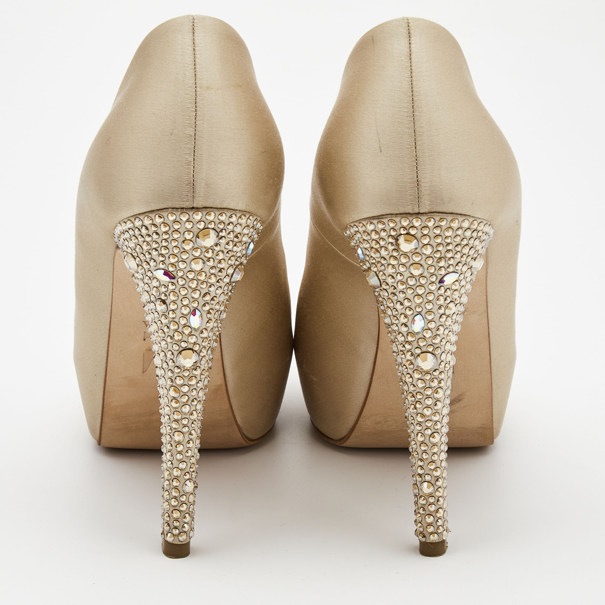 Gina Beige Satin Crystal Embellished Heel Peep Toe Platform Pumps Size 37