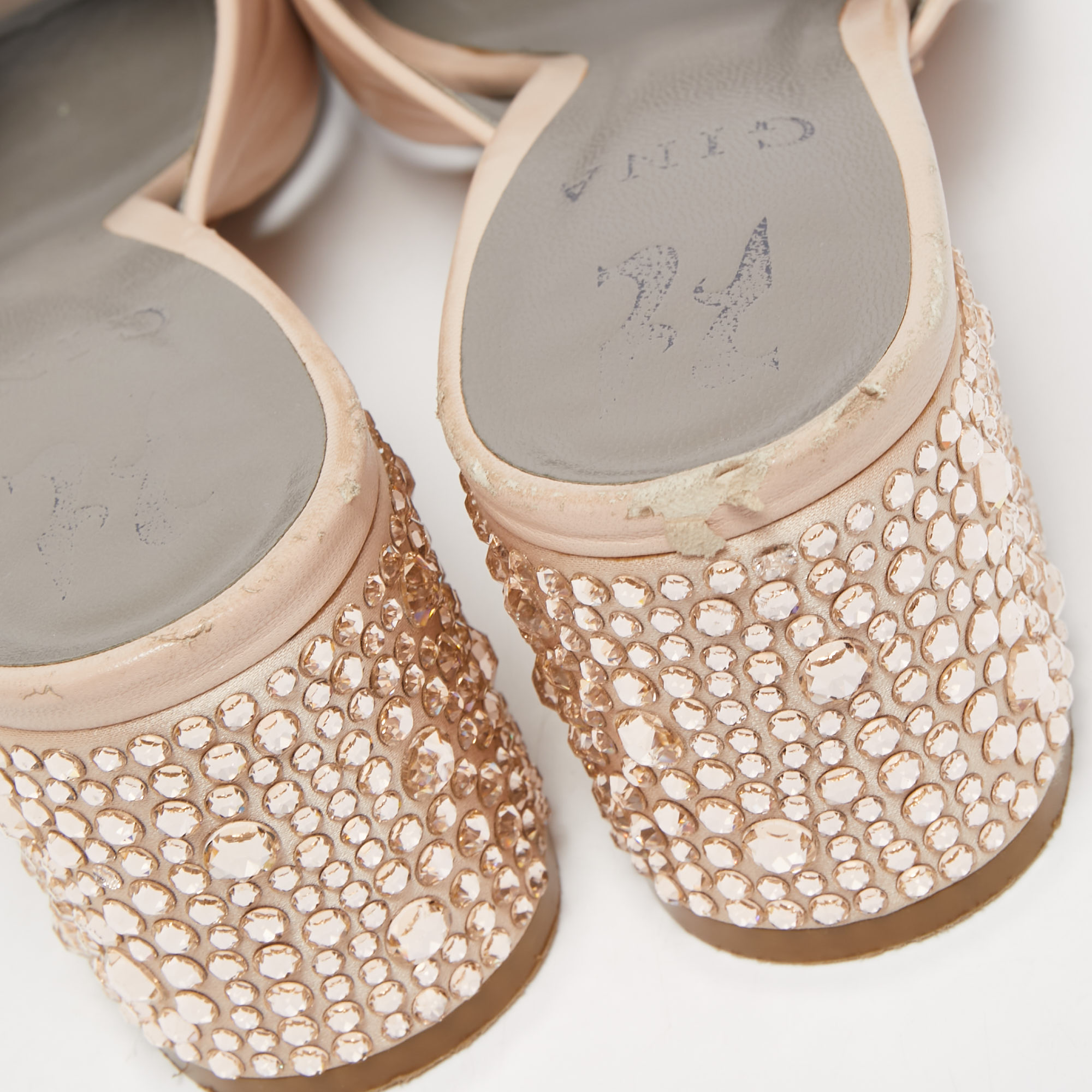 Gina Light Pink Leather Crystal Embellished Heel Slide Sandals Size 37