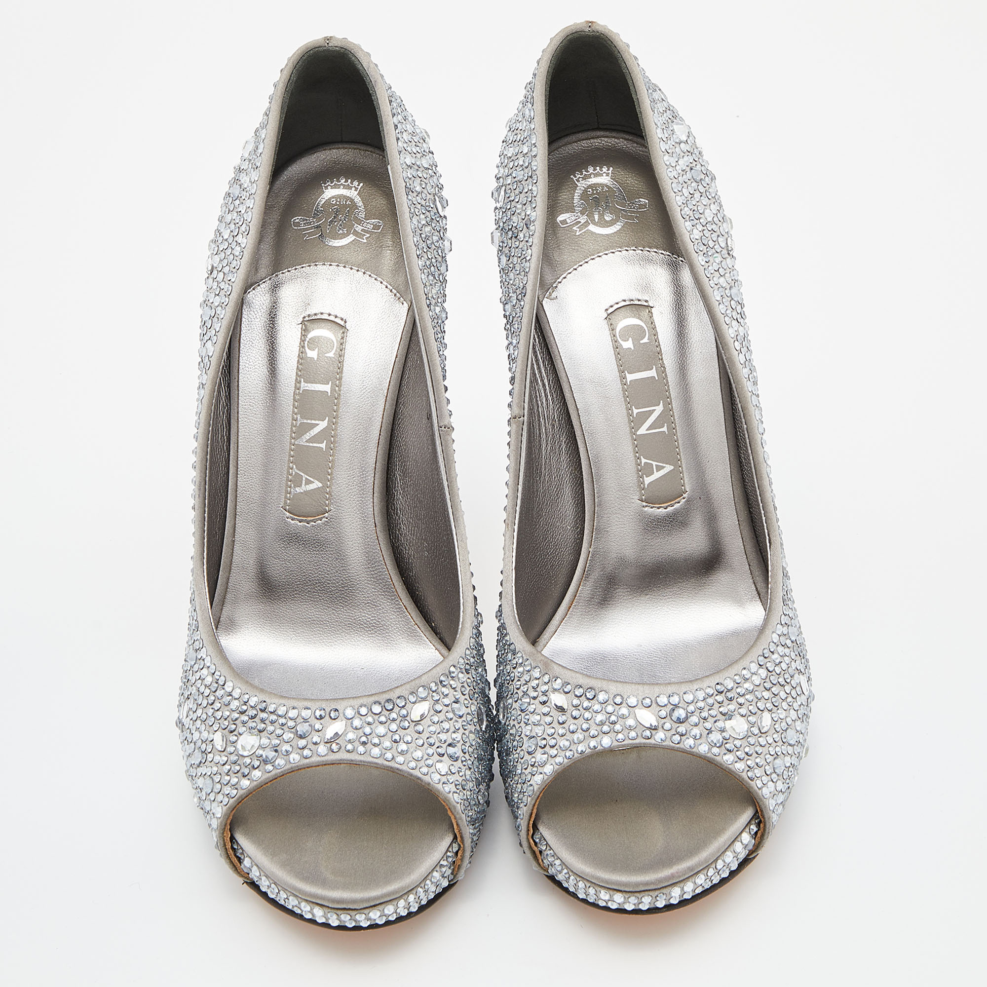 Gina Silver Satin Crystal Embellished Peep Toe Platform Pumps Size 38