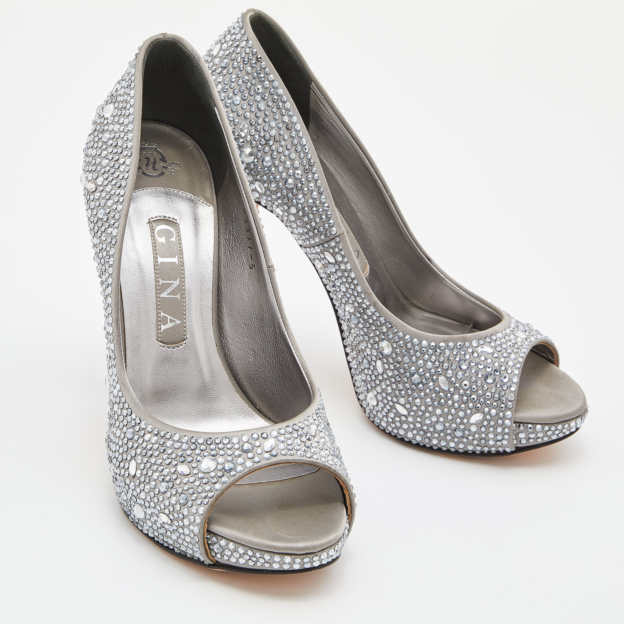 Gina Silver Satin Crystal Embellished Peep Toe Platform Pumps Size 38