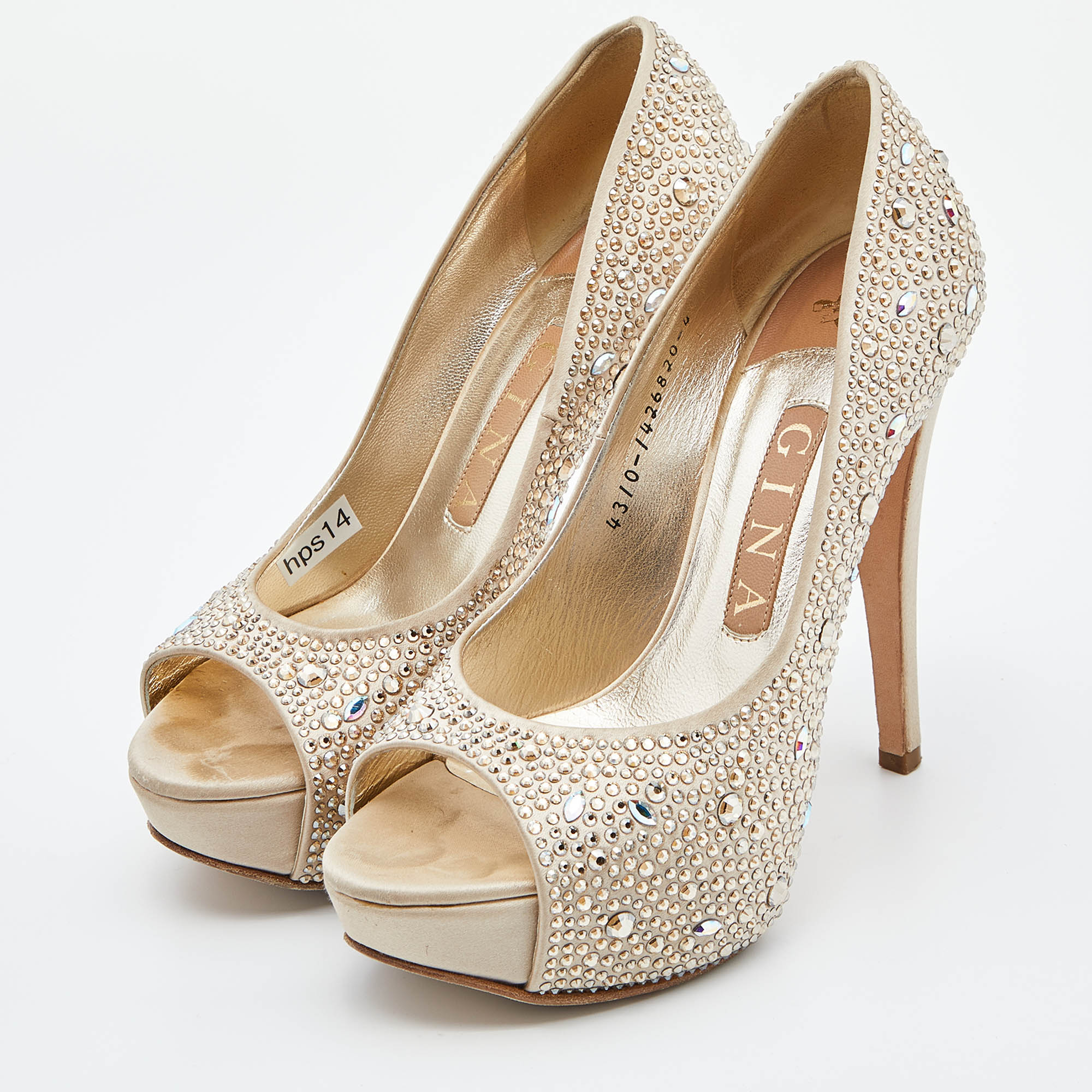 Gina Beige Satin Crystal Embellished Peep Toe Platform Pumps Size 37