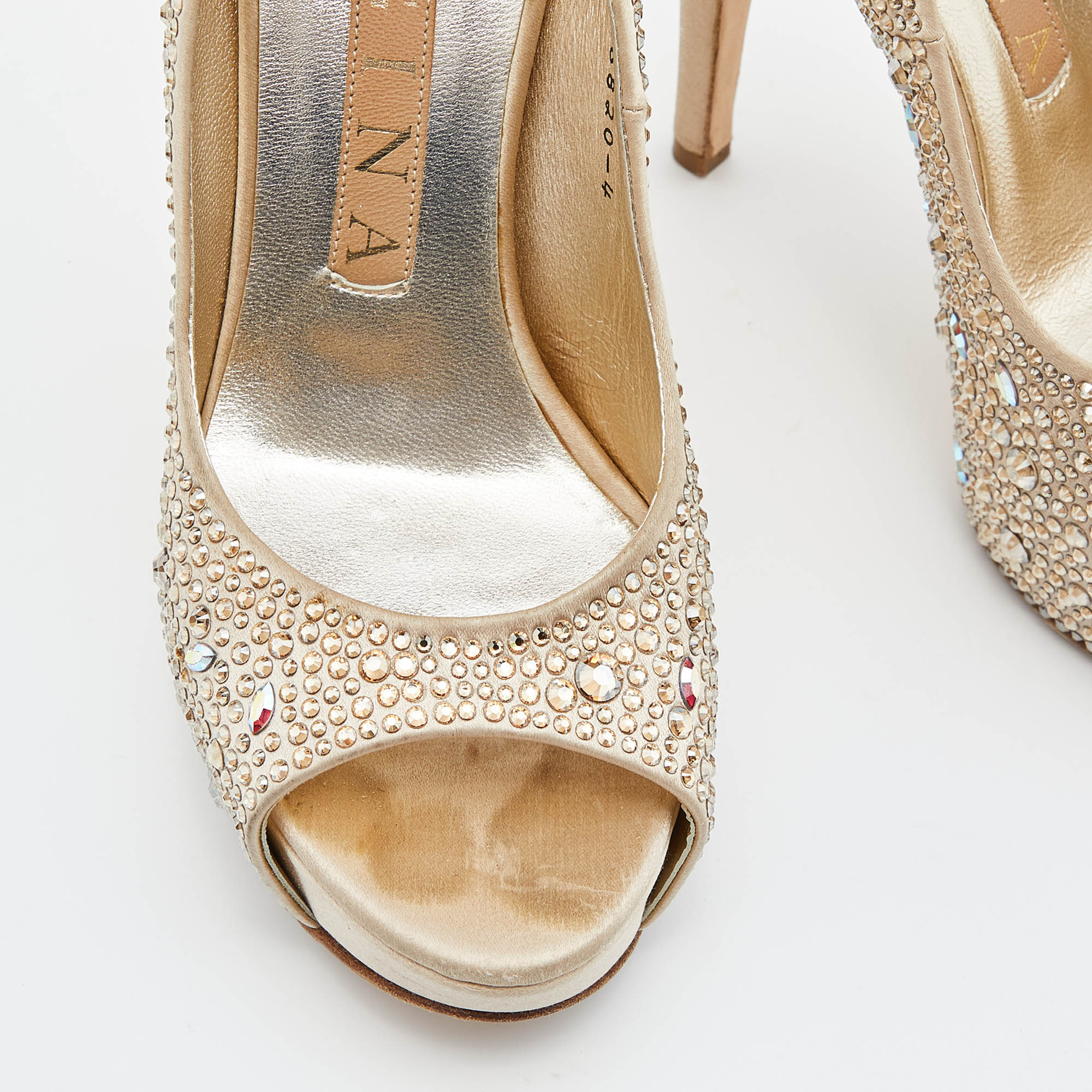 Gina Beige Satin Crystal Embellished Peep Toe Platform Pumps Size 37