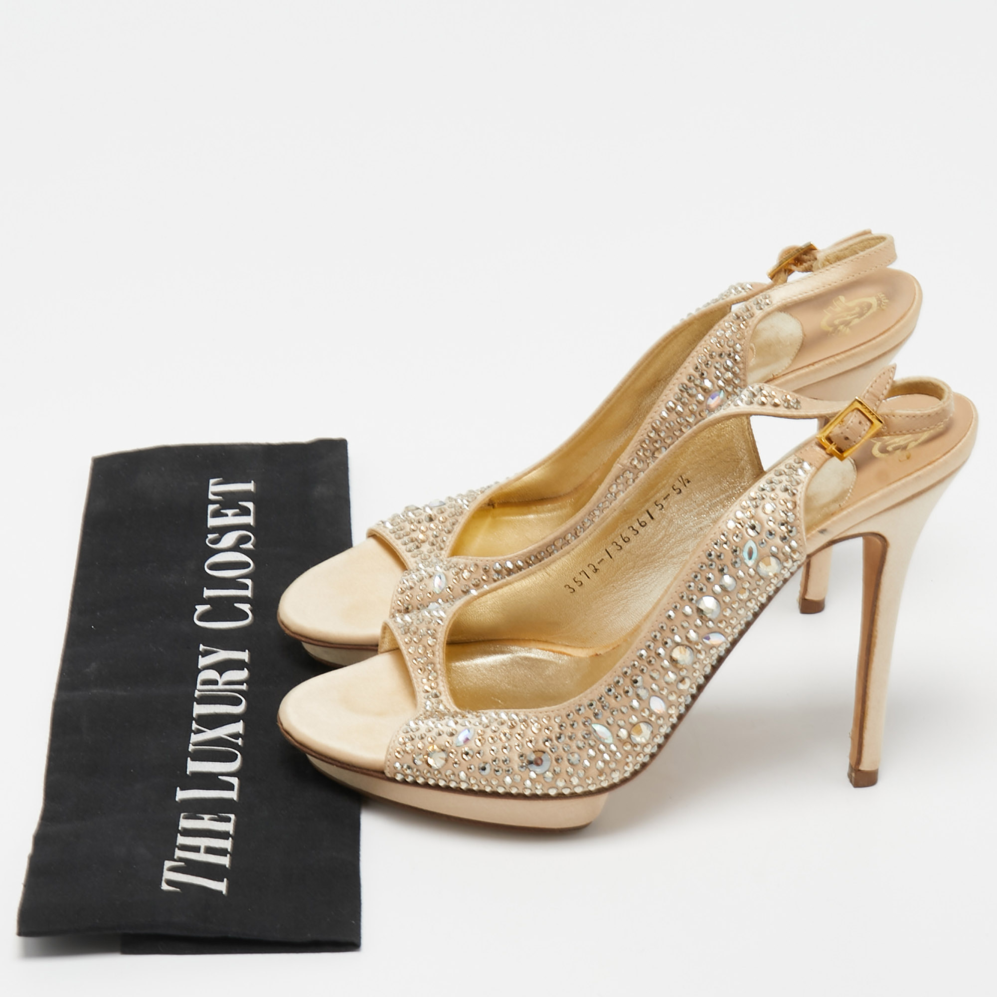 Gina Beige Crystal Embellished Satin Slingback Sandals Size 38.5