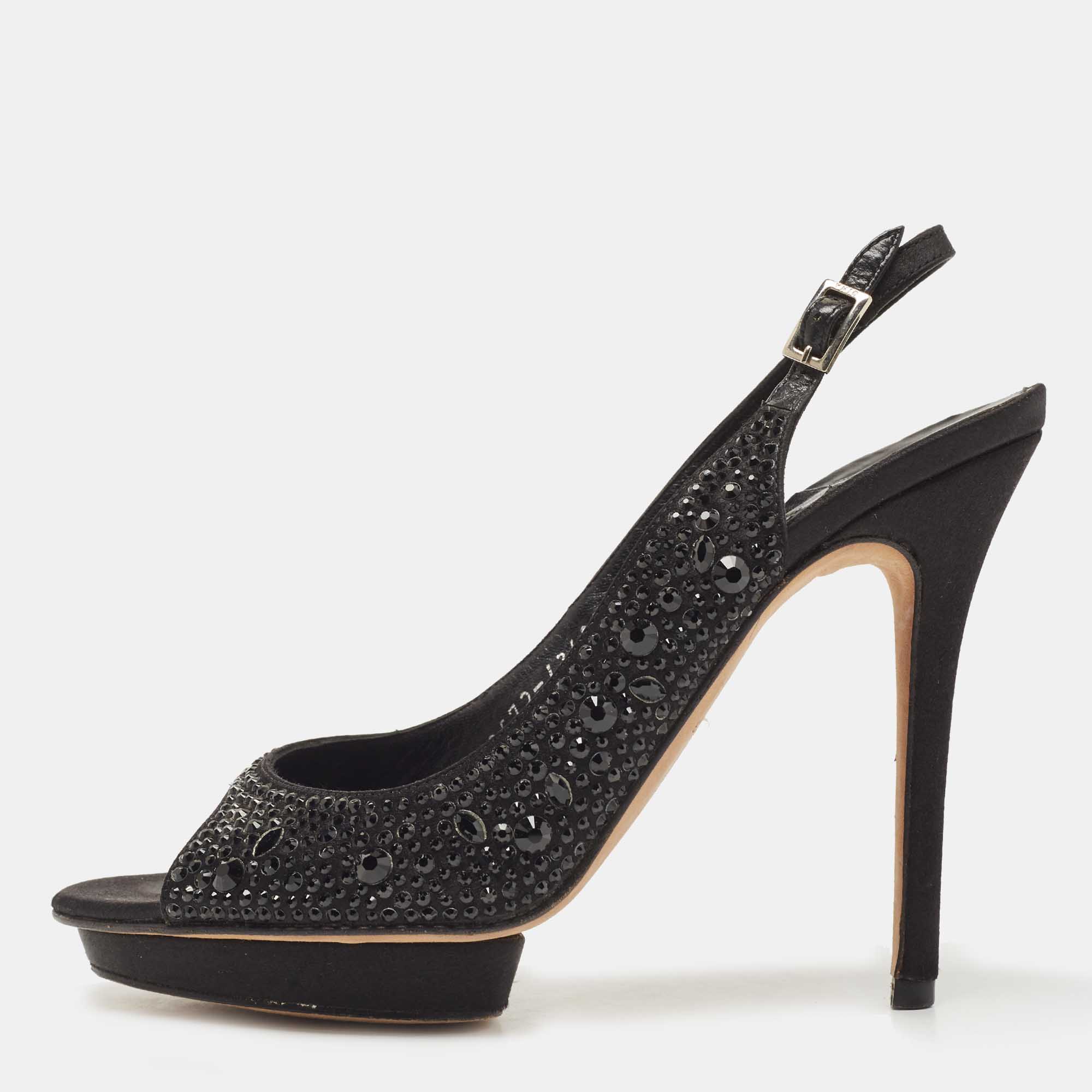 Gina black crystal embellished satin slingback sandals size 38.5