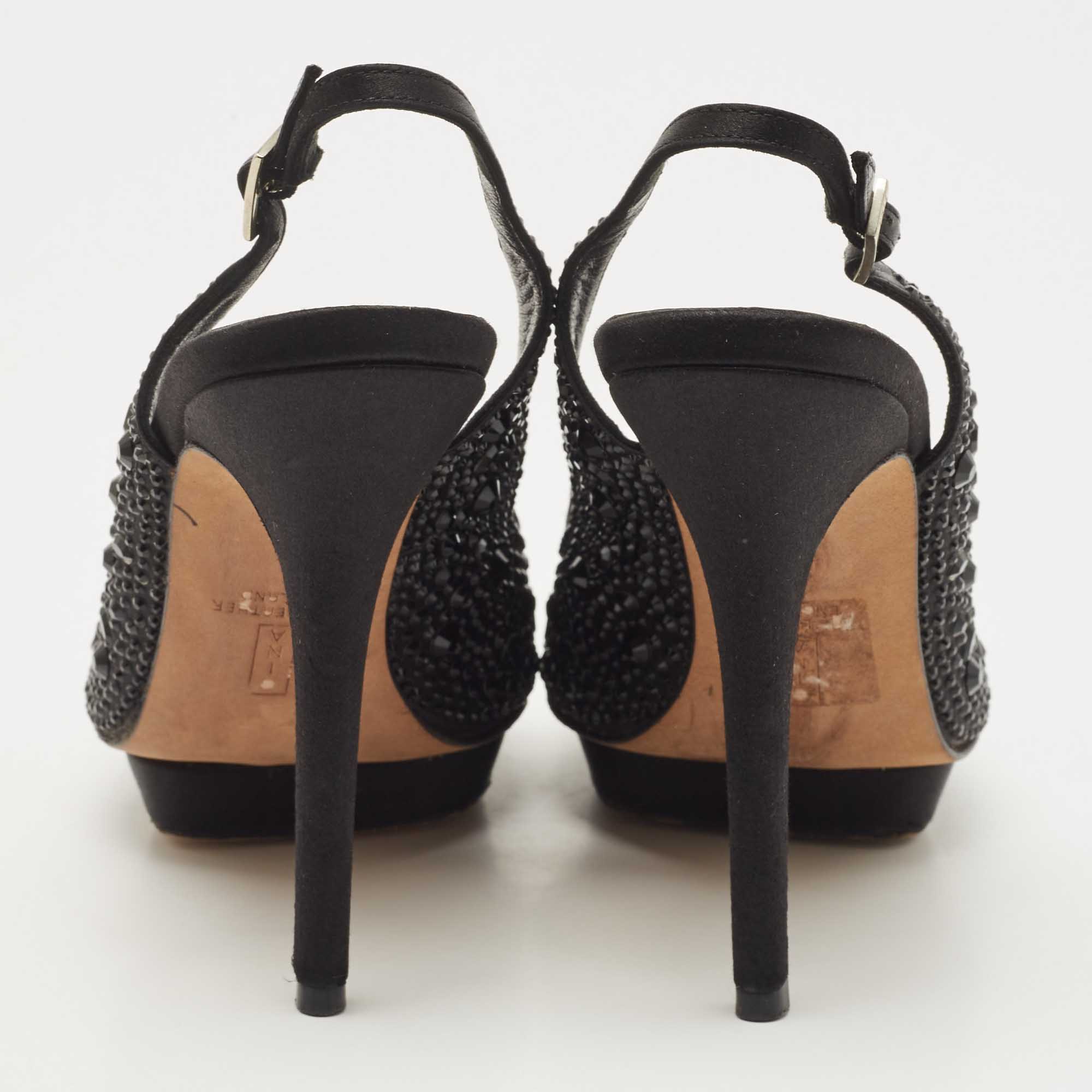 Gina Black Crystal Embellished Satin Slingback Sandals Size 38.5