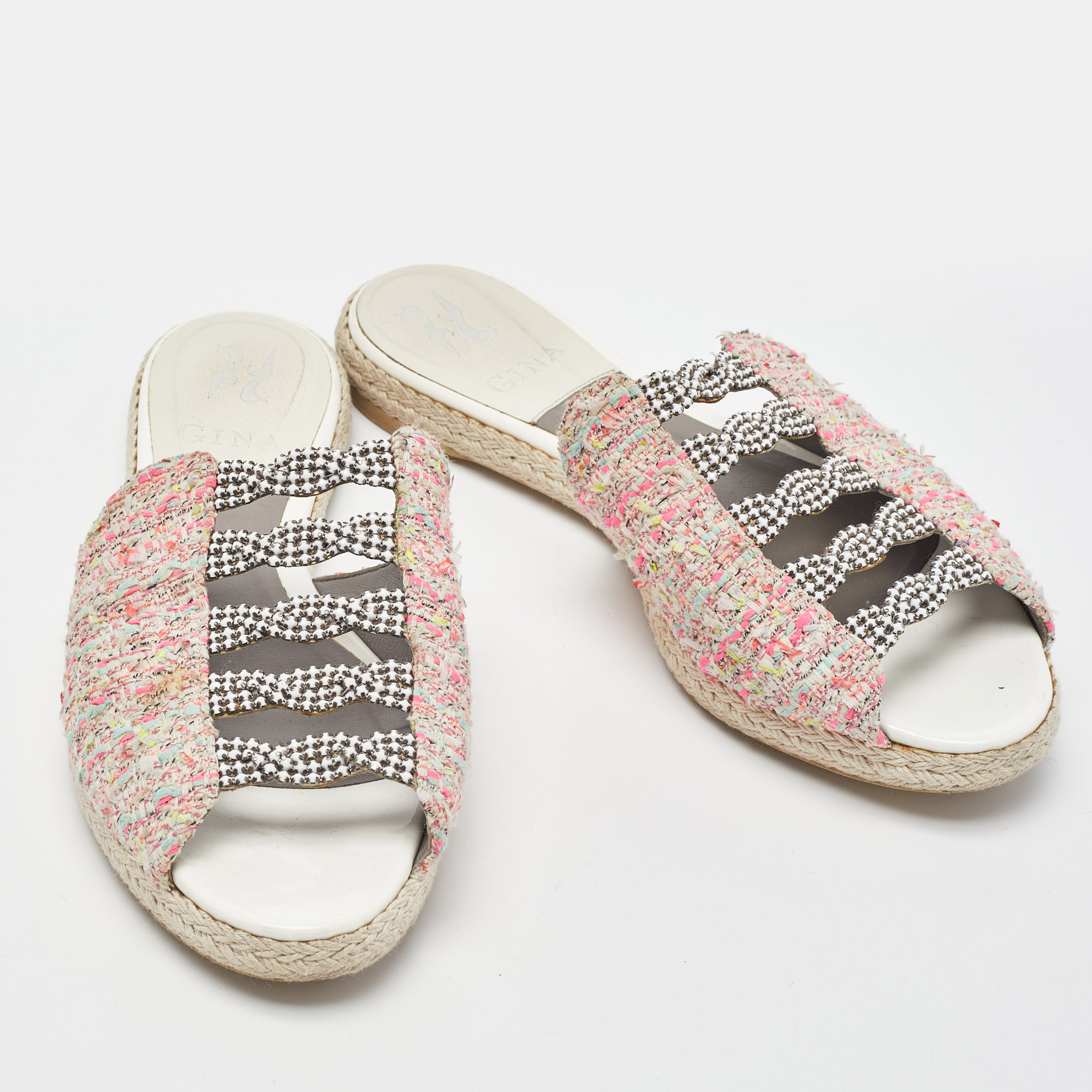 Gina Pink Tweed Crystal Embellished Espadrille Flat Slides Size 39