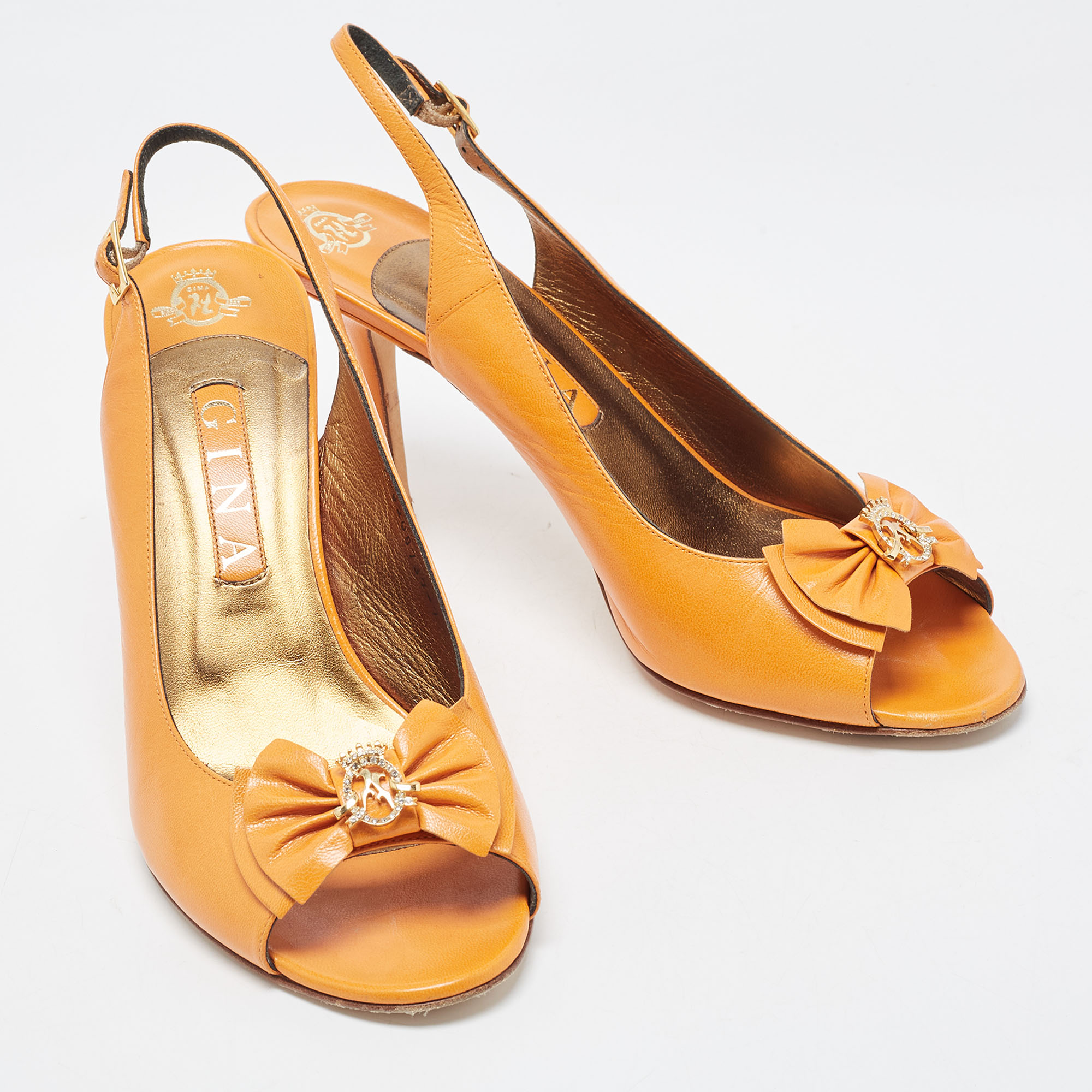 Gina Orange Leather Bow Detail Open Toe Slingback Pumps Size 40