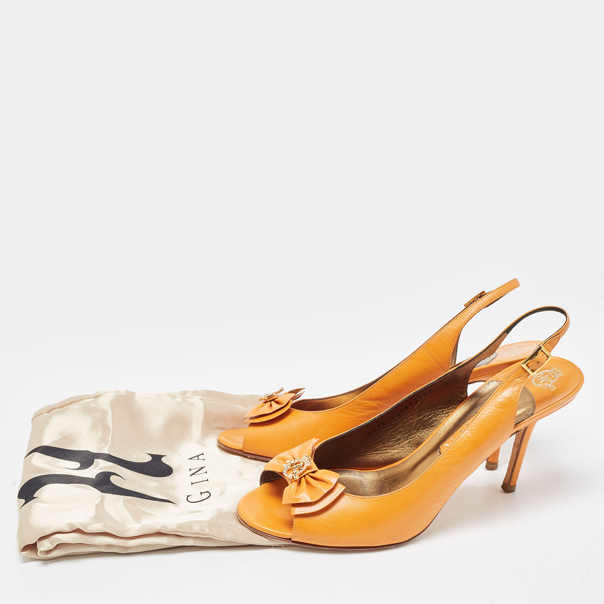 Gina Orange Leather Bow Detail Open Toe Slingback Pumps Size 40
