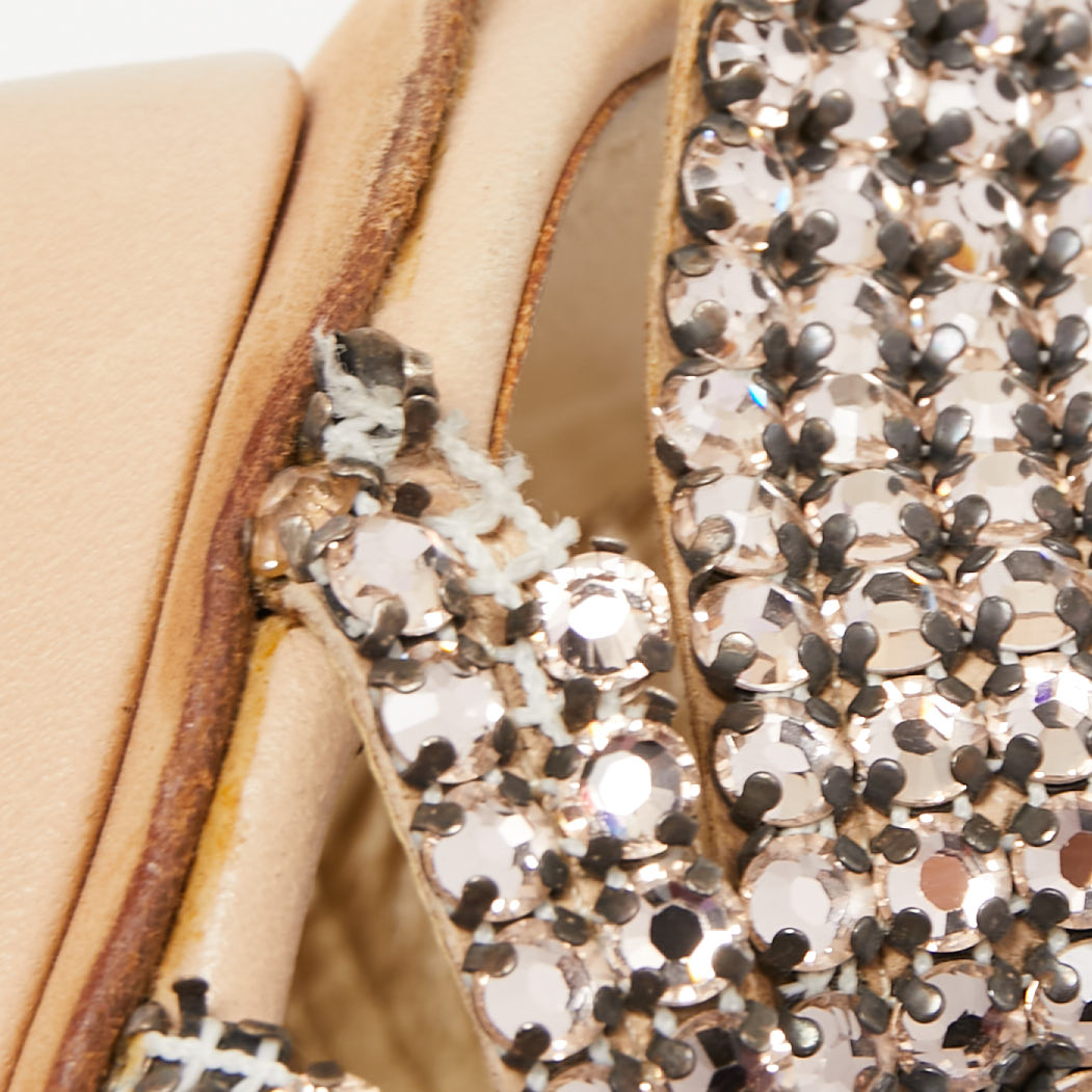 Gina Beige Leather And Crystal Embellished Slides Size 38