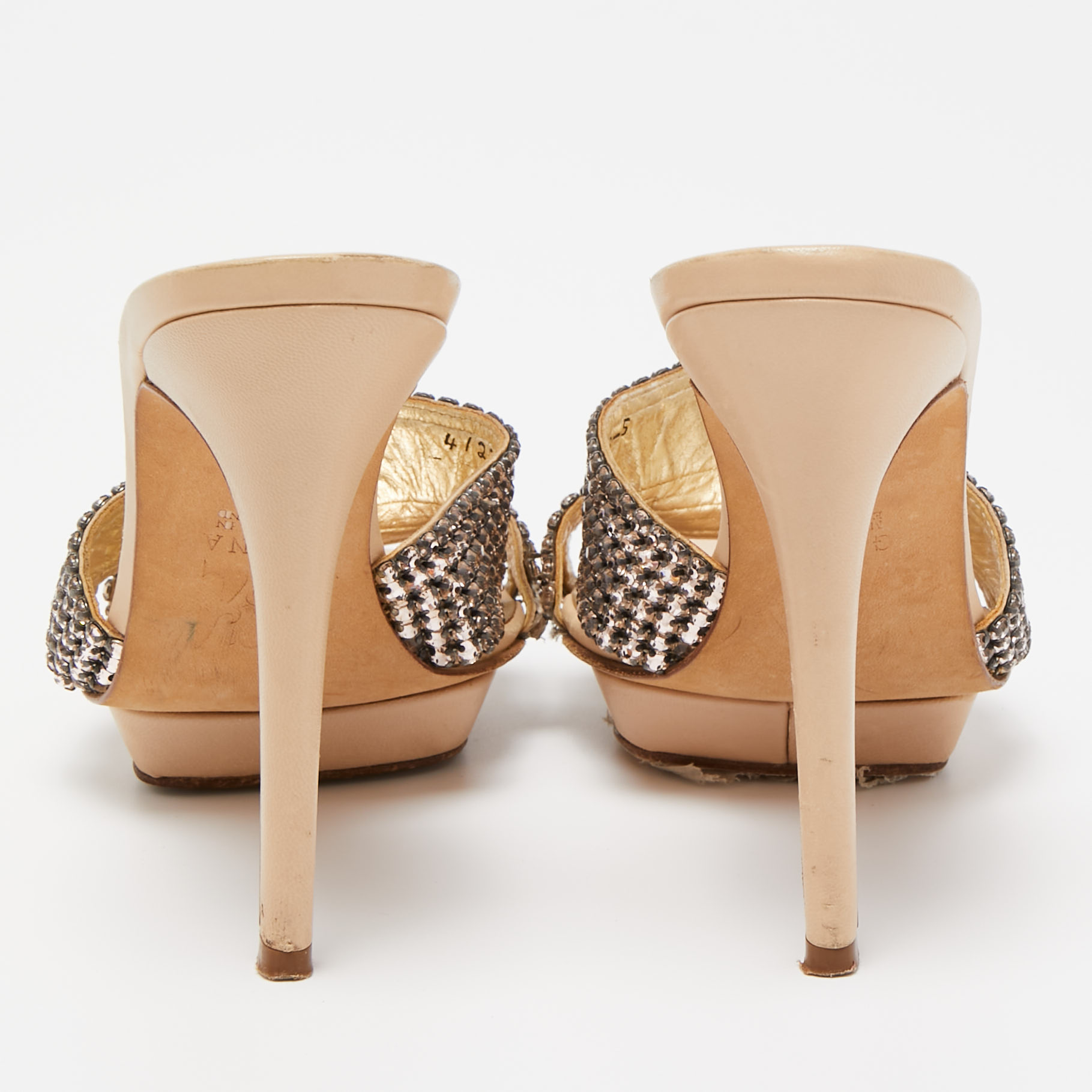 Gina Beige Leather And Crystal Embellished Slides Size 38