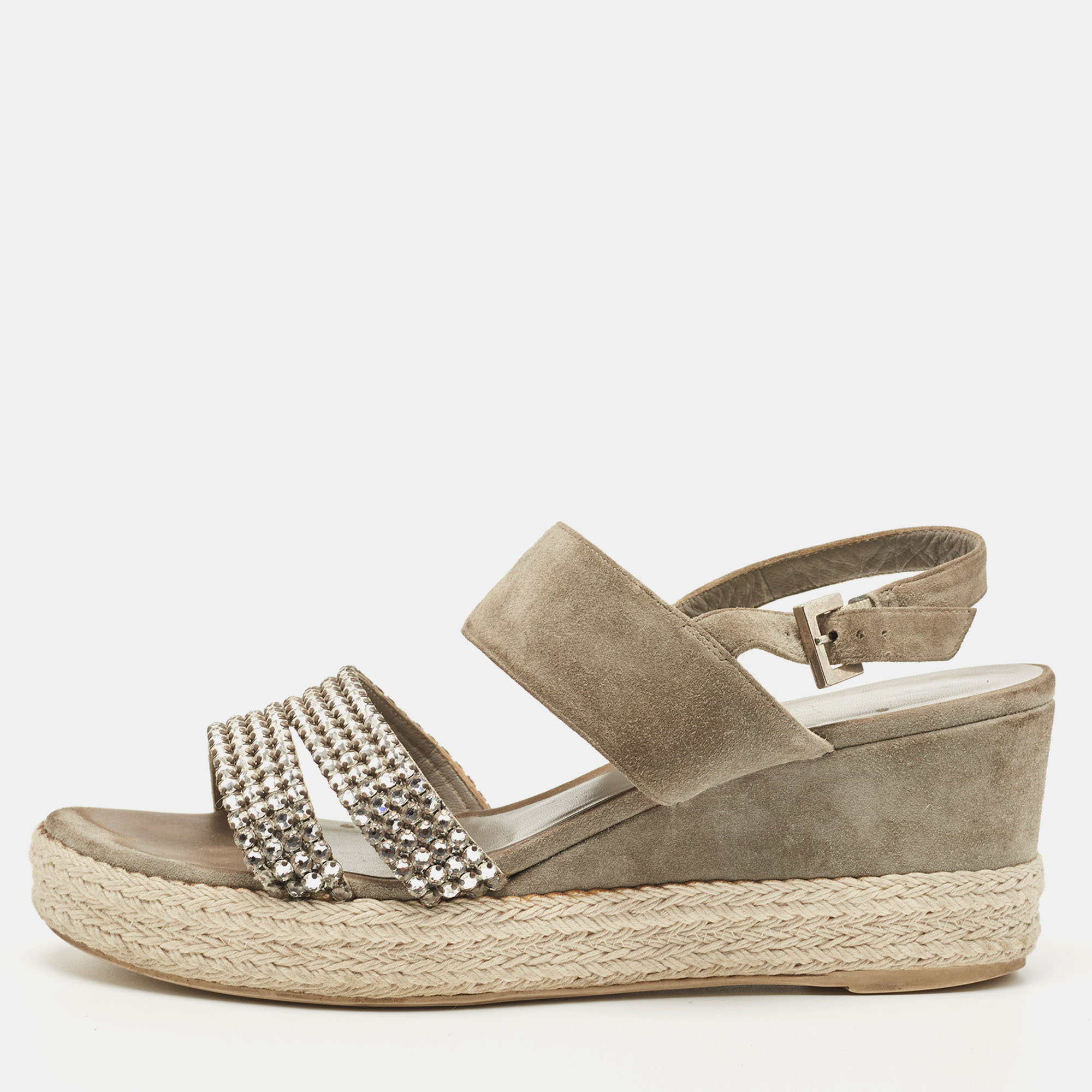 Gina Grey Suede Crystal Embellished Open Toe Espadrille Sandals Size 38