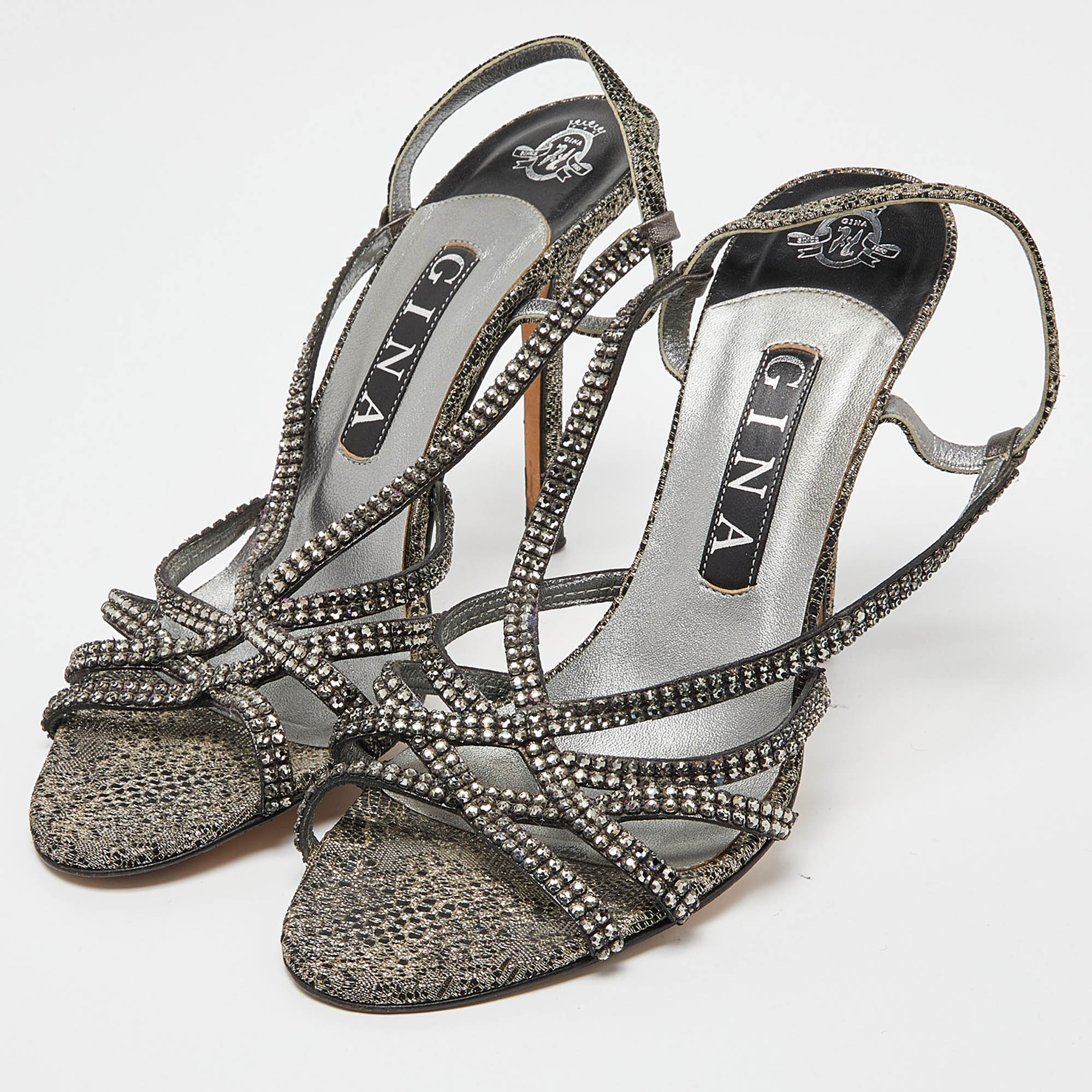 Gina Two Tone Crystal Embellished Embroidered Fabric Slingback Sandals Size 38.5