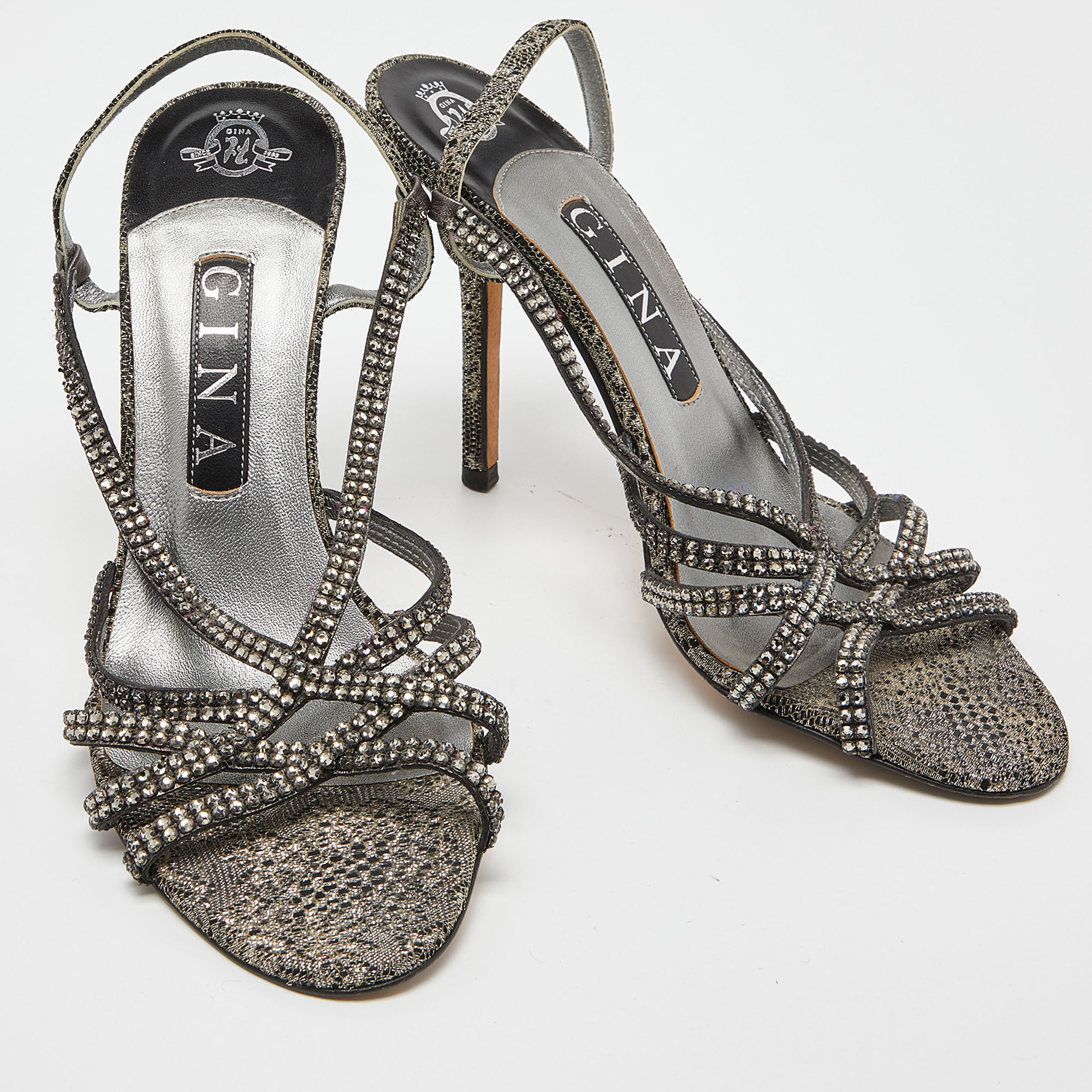 Gina Two Tone Crystal Embellished Embroidered Fabric Slingback Sandals Size 38.5