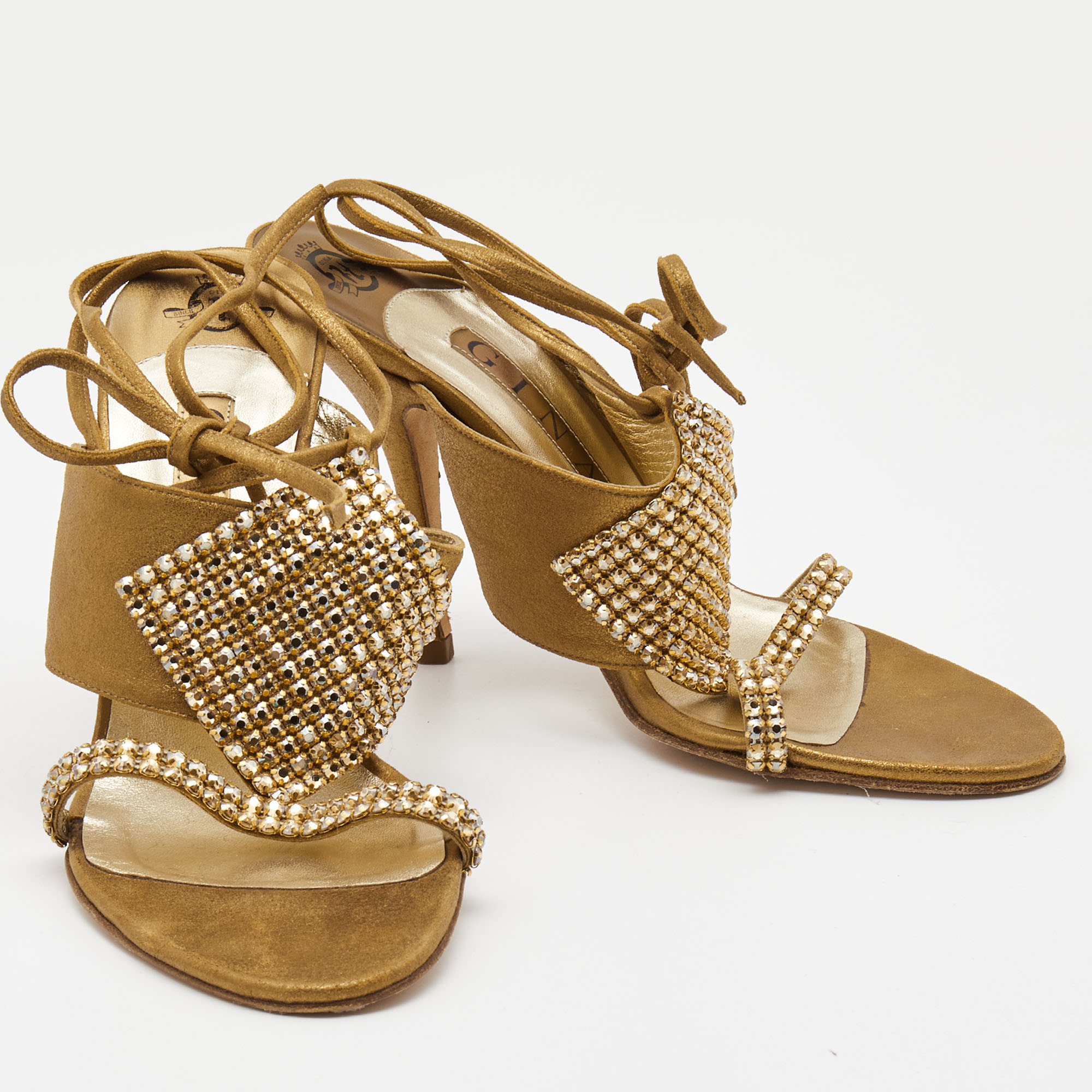 Gina Metallic Gold Leather Crystal Embellished Ankle Wrap Sandals Size 39