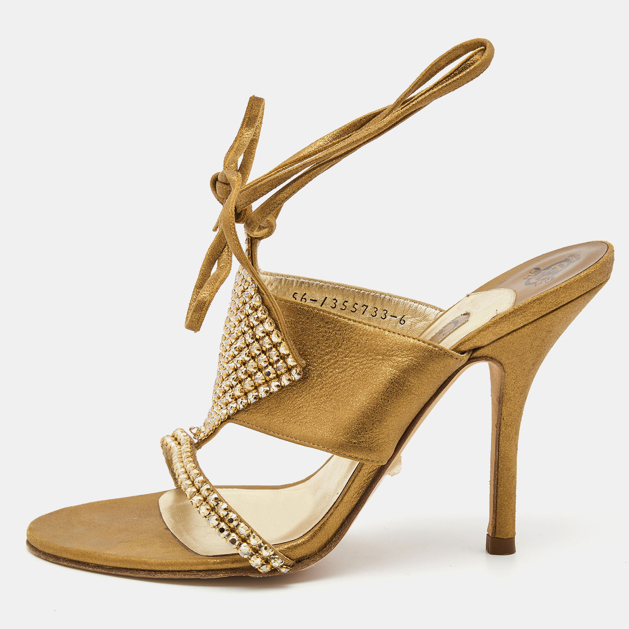 Gina Metallic Gold Leather Crystal Embellished Ankle Wrap Sandals Size 39