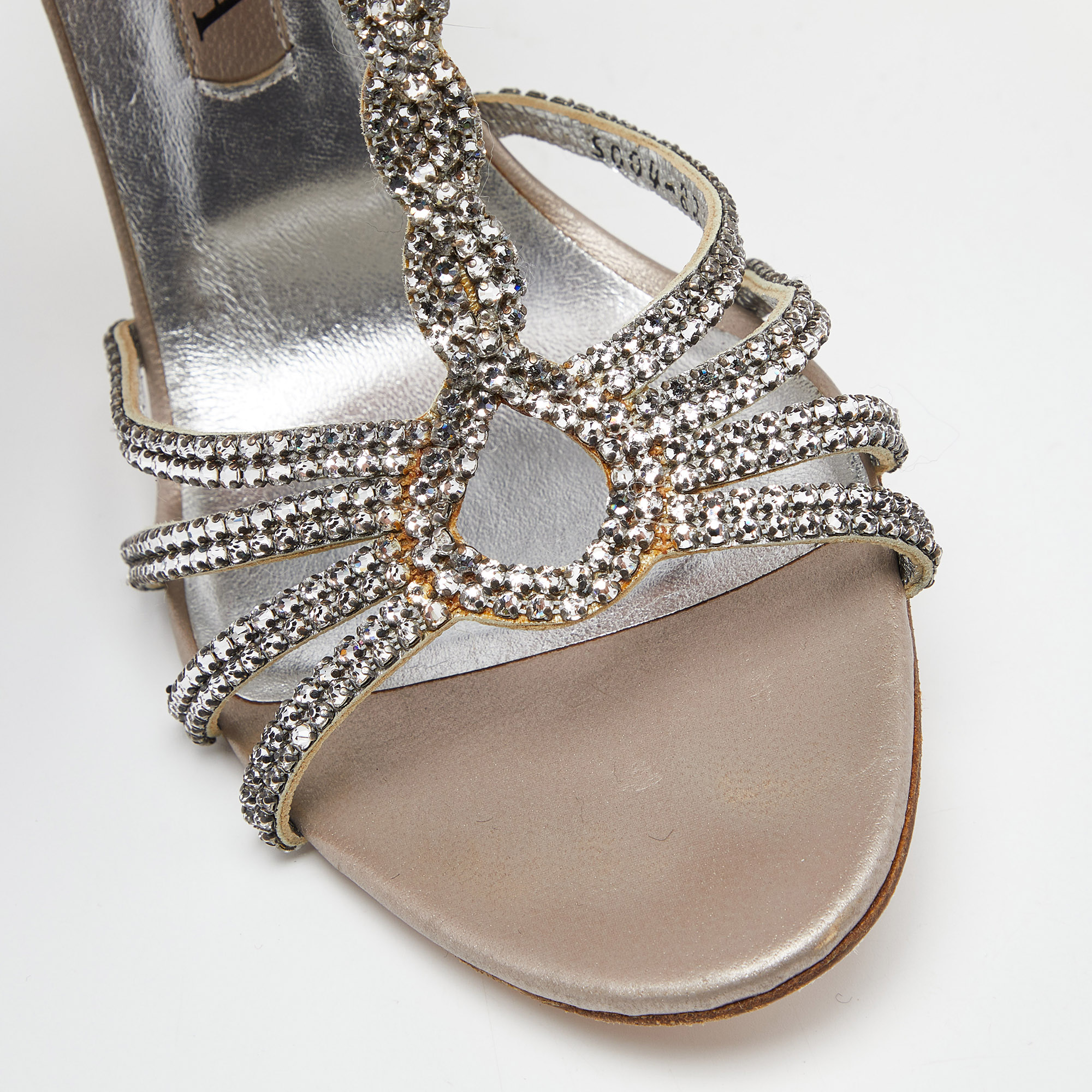 Gina Silver Crystal Embellished Leather T-Bar Ankle Strap Sandals Size 40