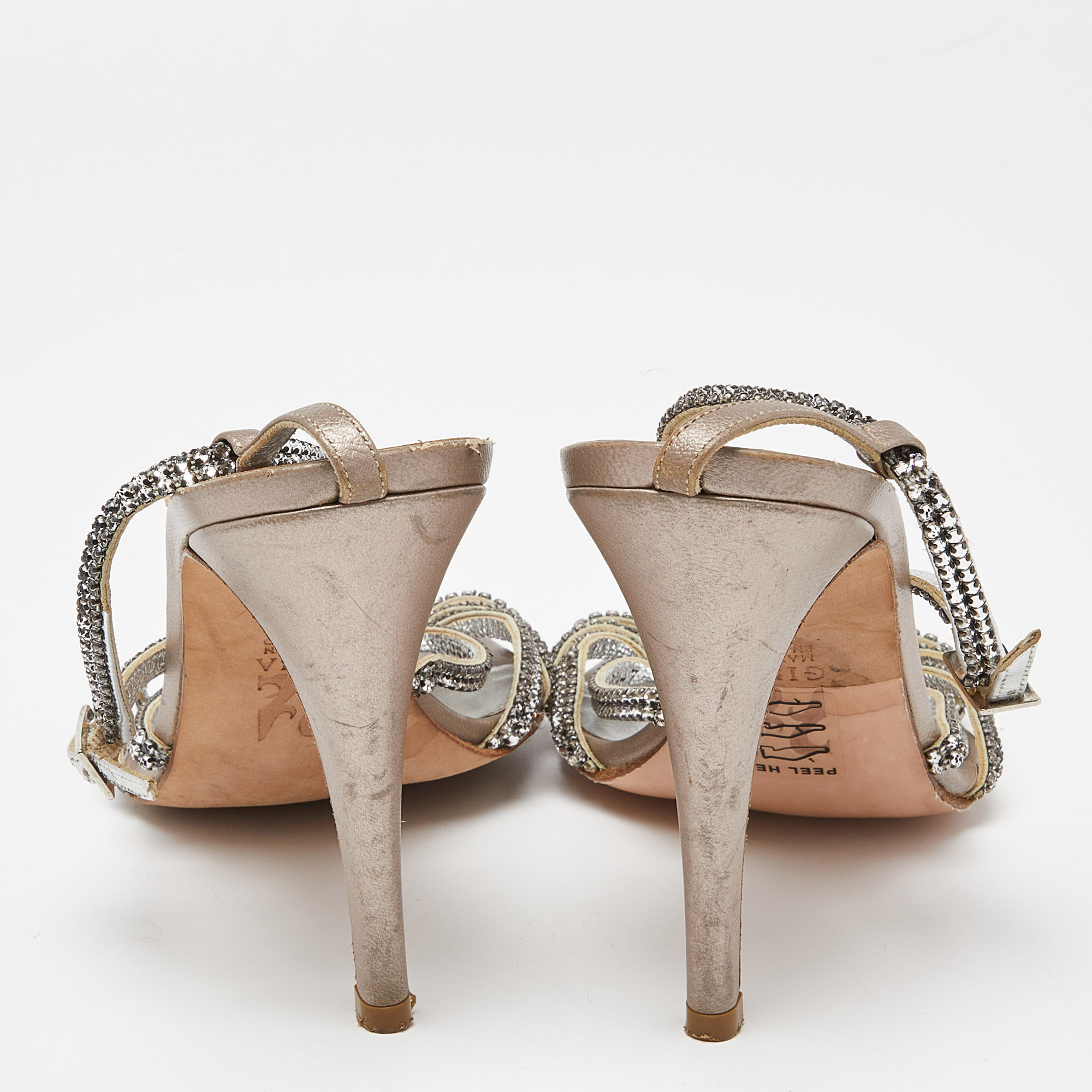 Gina Silver Crystal Embellished Leather T-Bar Ankle Strap Sandals Size 40