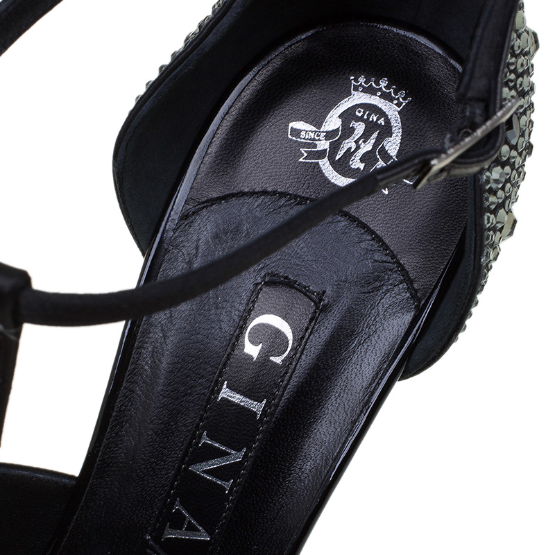Gina Black Crystal Embellished Leather T Strap Platform Sandals Size 38