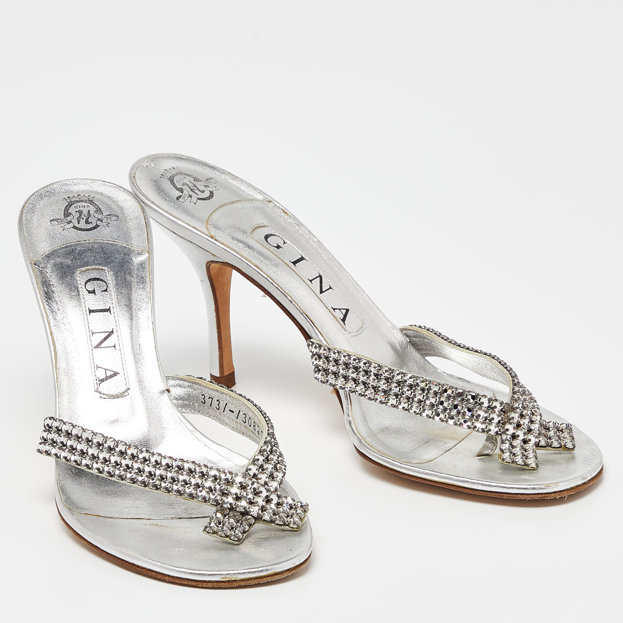 Gina Silver Crystal Embellished Leather Thong Sandals Size 37