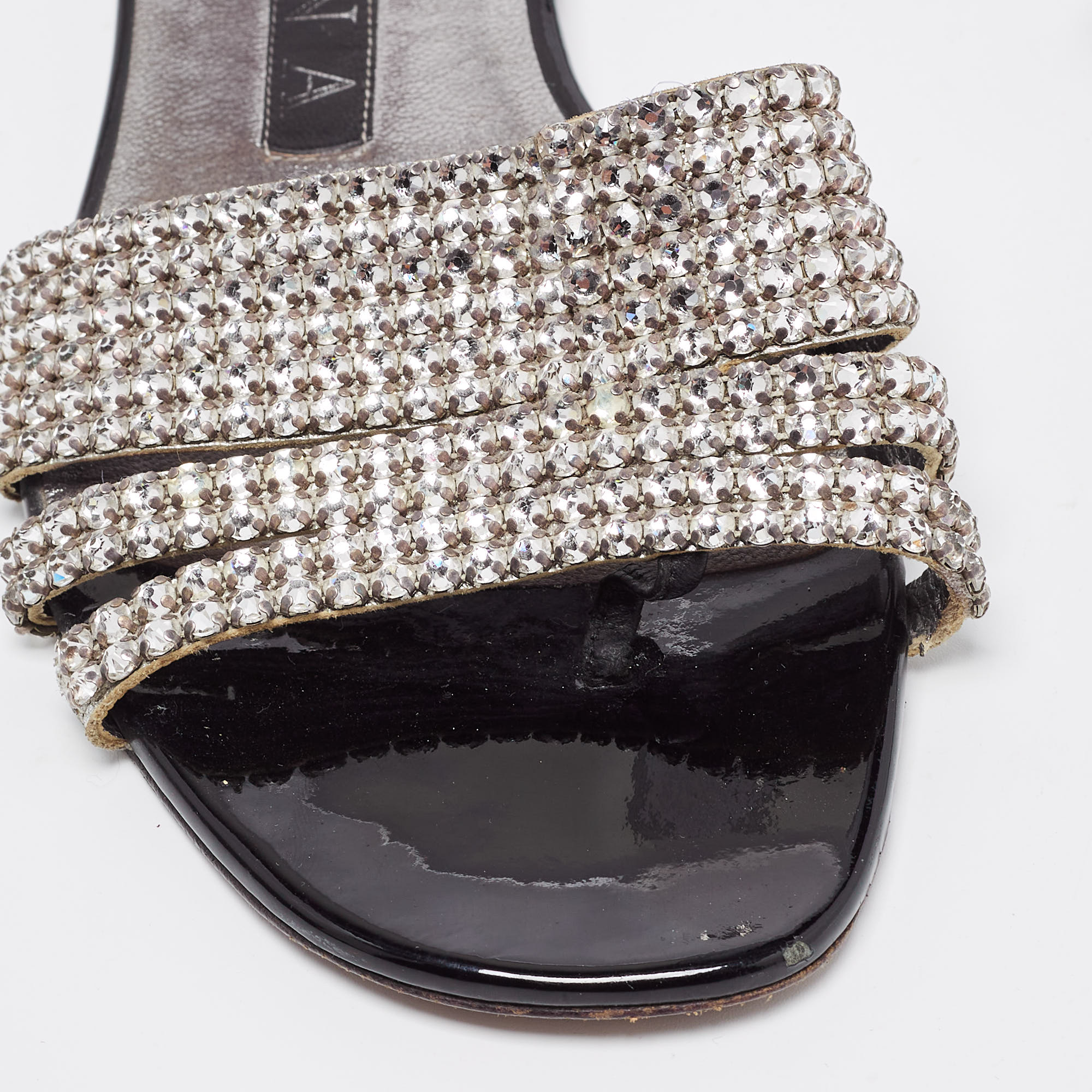Gina Silver Leather Crystal Embellished Flat Slides Size 37