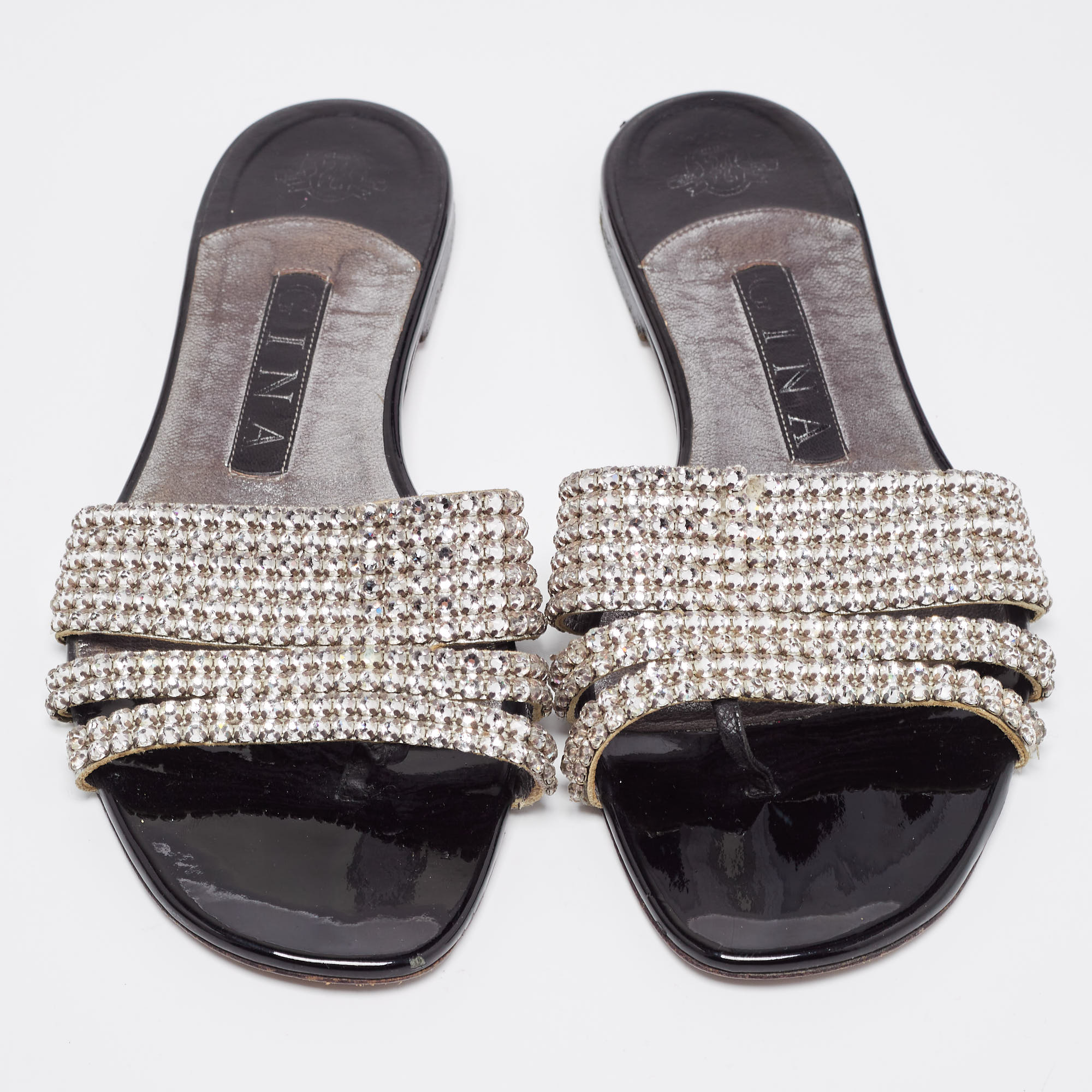 Gina Silver Leather Crystal Embellished Flat Slides Size 37