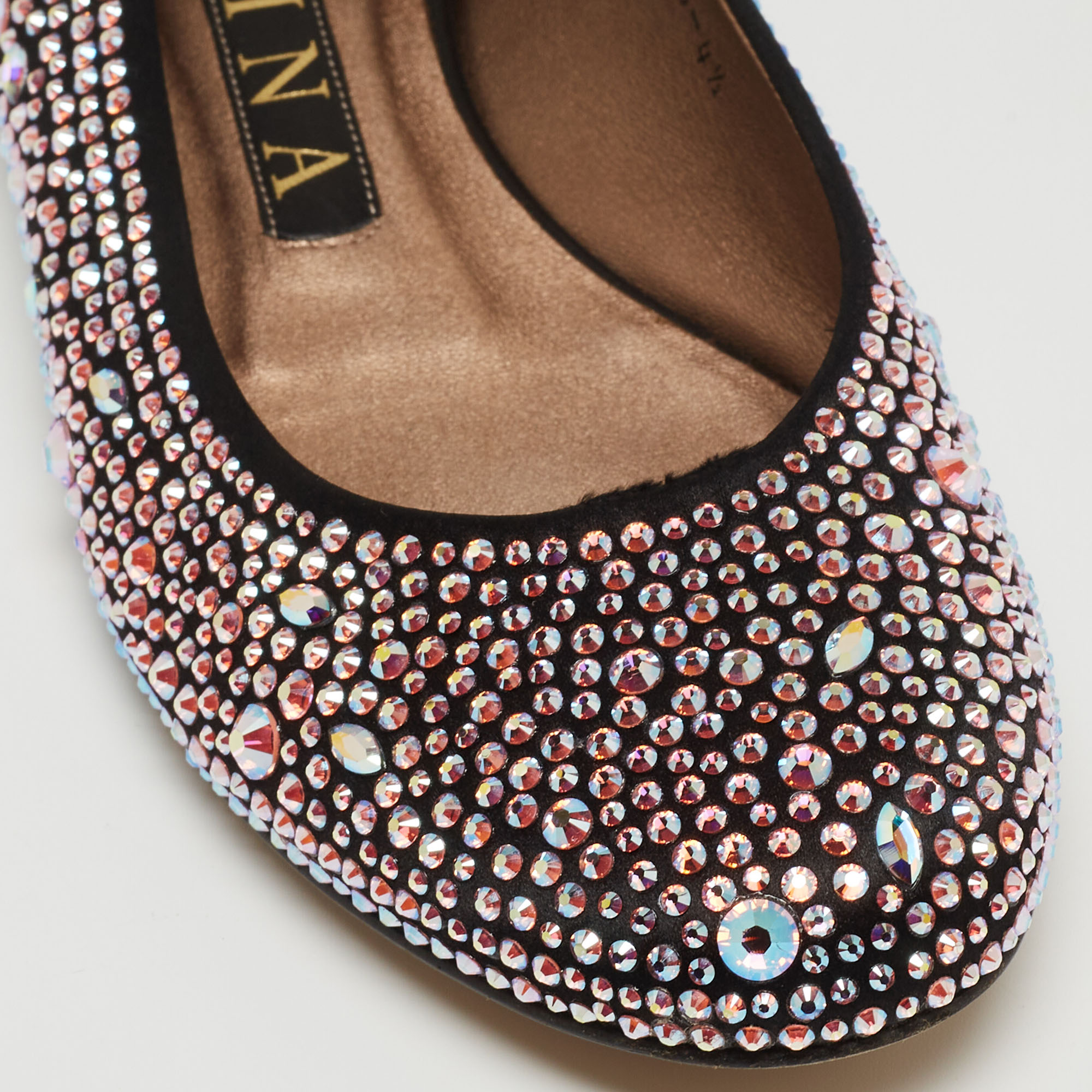 Gina Black/Pink Crystal Embellished Satin Ballet Flats Size 37.5