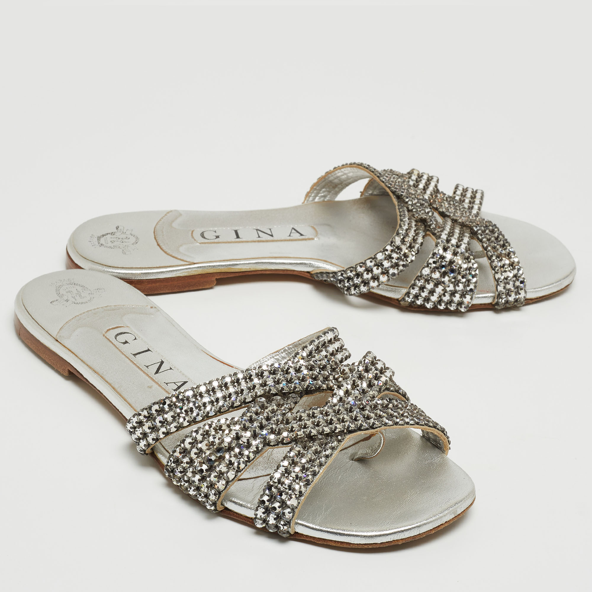Gina Silver Crystal Embellished Leather Flat Slides Size 36.5